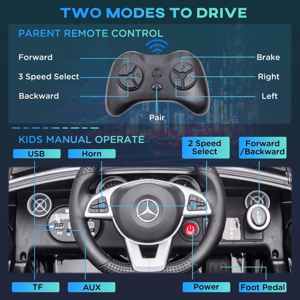 TWO MODES TO DRIVE

PARENT REMOTE CONTROL
- Forward
- 3 Speed Select
- Backward
- Brake
- Right
- Left
- Pair

KIDS MANUAL OPERATE
- USB
- Horn
- 2 Speed Select
- Forward / Backward
- TF
- AUX
- Power
- Foot Pedal