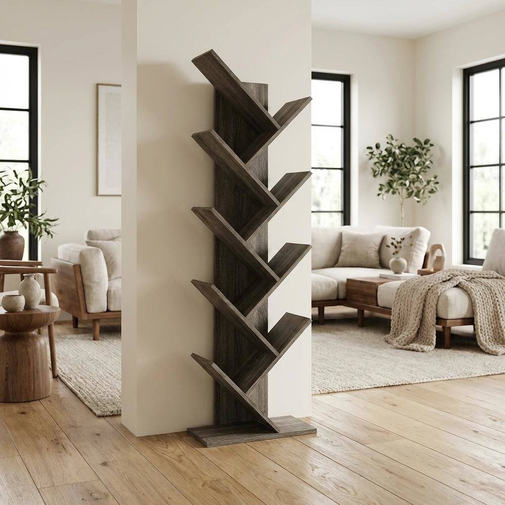 Angle. FurniFact - Engineered Wood 9-Tier Bookcase with French Oak Finish for Living Room Storage - French Oak.