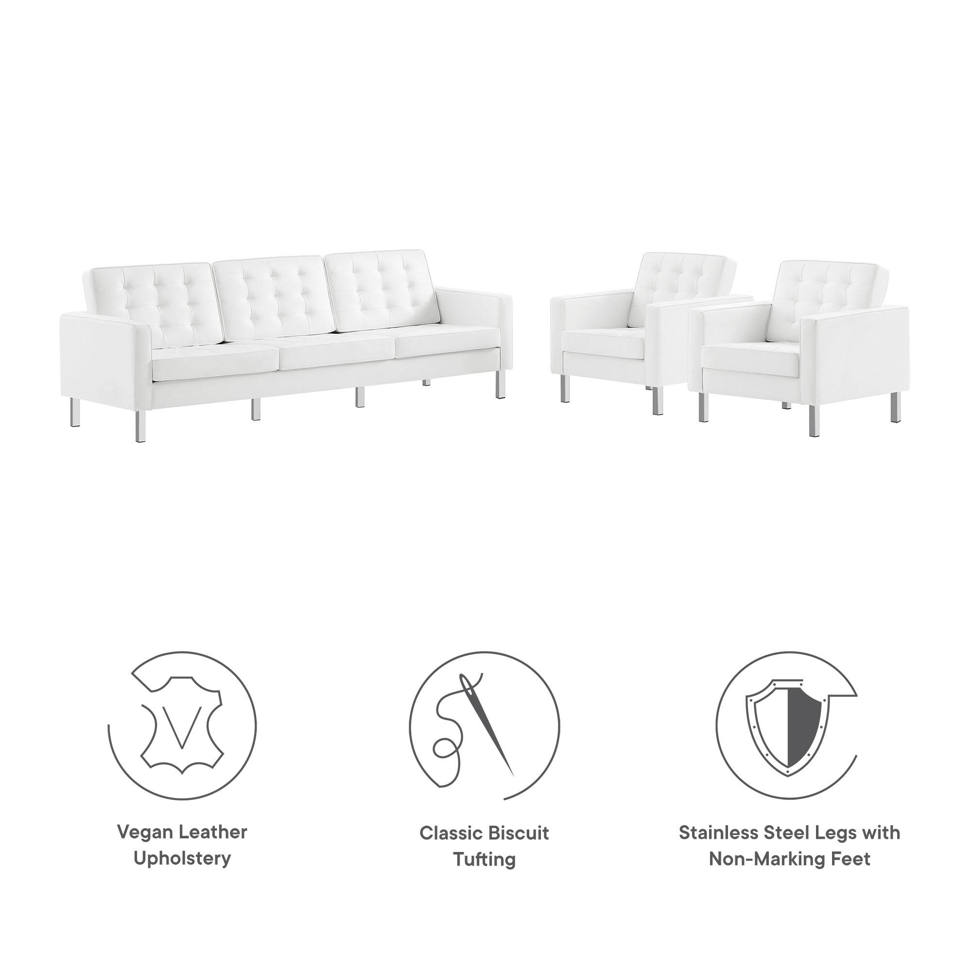 Vegan Leather Upholstery, Classic Biscuit Tufting, Stainless Steel Legs with Non-Marking Feet