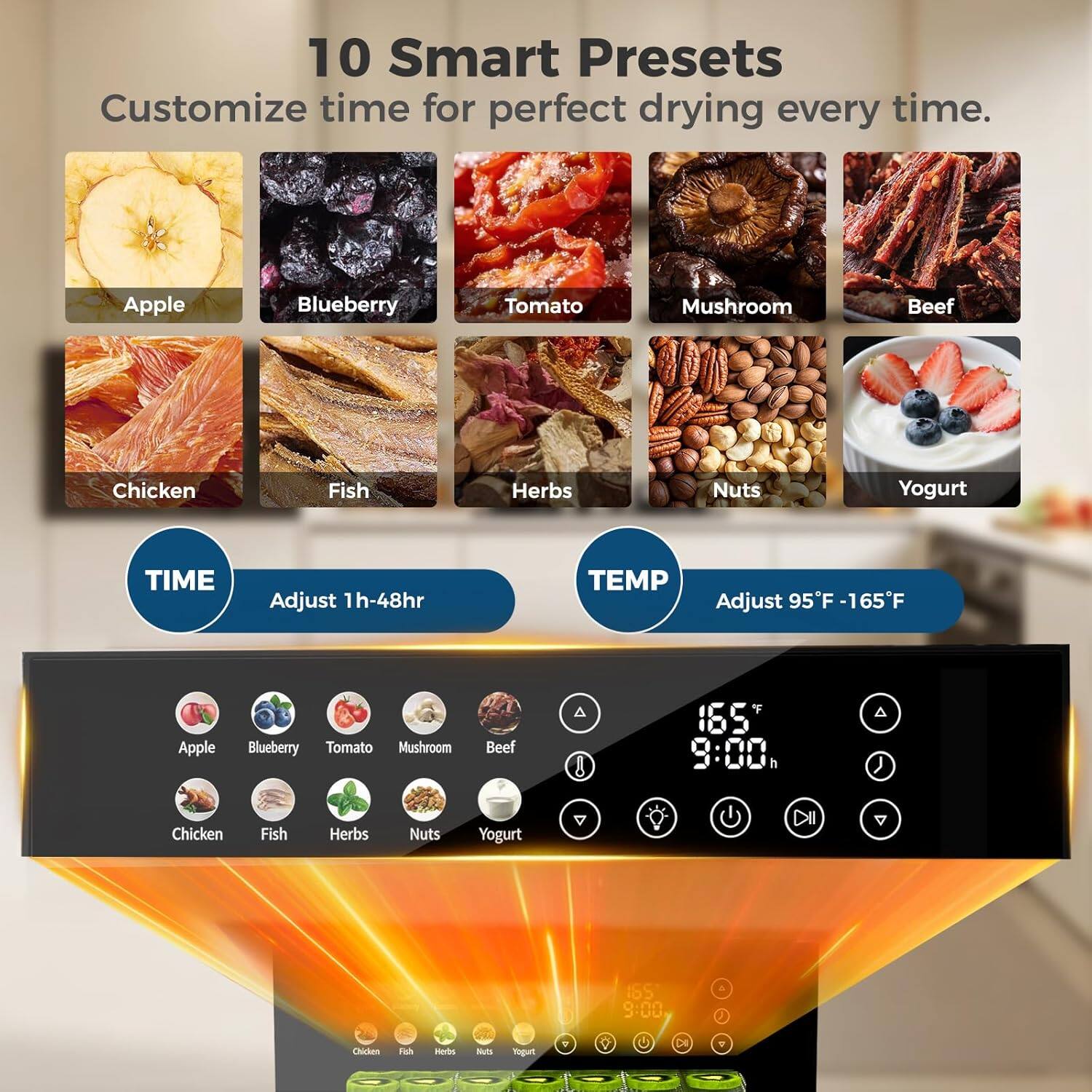 10 Smart Presets  
Customize time for perfect drying every time.

Apple Blueberry Tomato Mushroom Beef Chicken Fish Herbs Nuts Yogurt

TIME  
Adjust 1h-48hr

TEMP  
Adjust 95°F - 165°F

Apple Blueberry Tomato Mushroom Beef  
165°F 9:00

Chicken Fish Herbs Nuts Yogurt  
165°F 3:00