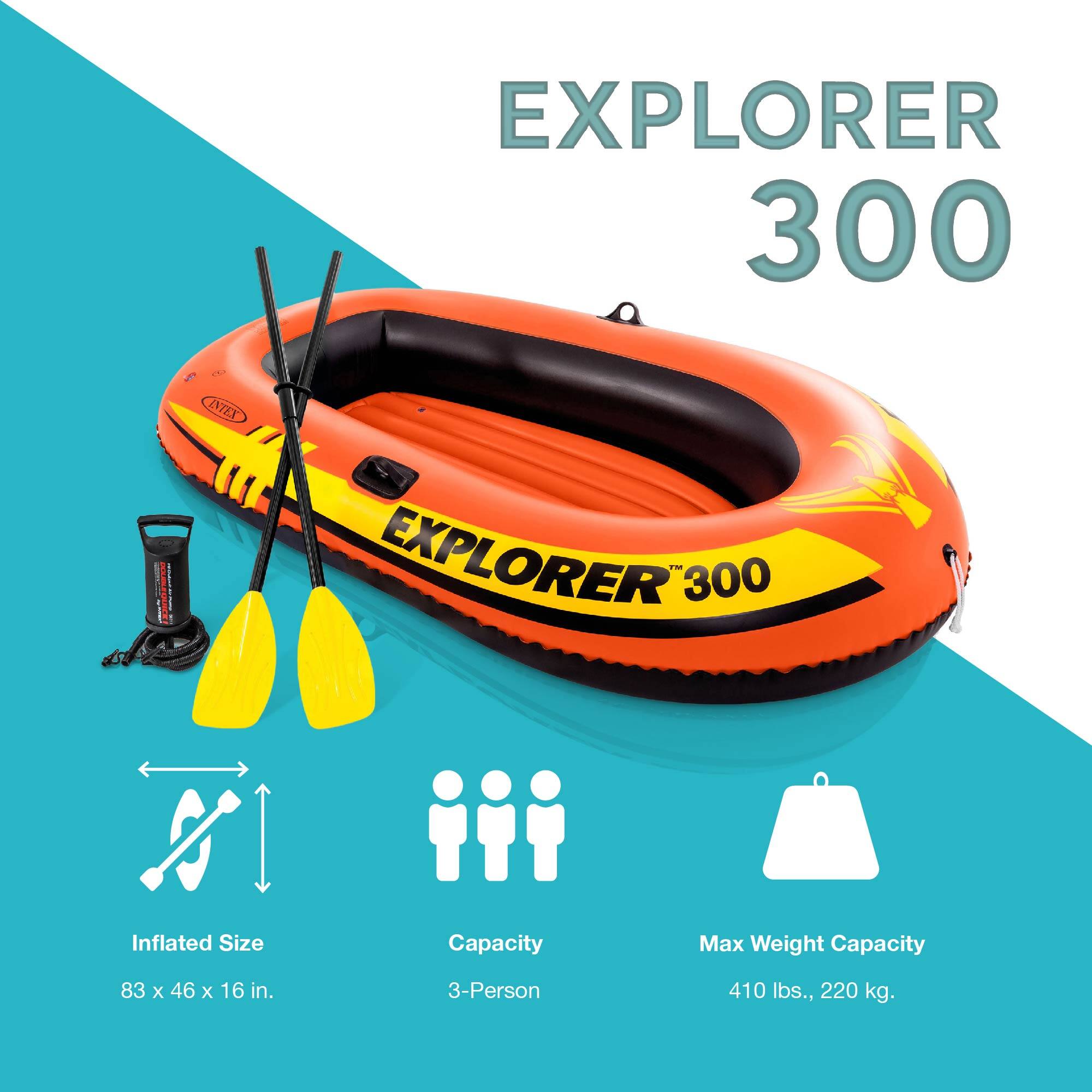 EXPLORER 300  
Inflated Size: 83 x 46 x 16 in.  
Capacity: 3-Person  
Max Weight Capacity: 410 lbs., 220 kg.
