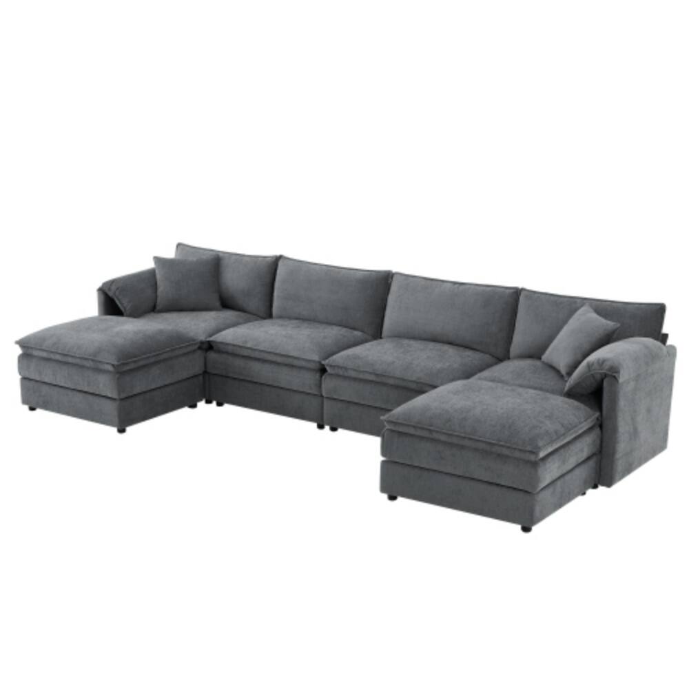 Alt View 5. LUCKY ONE - 136" U-Shaped 6-Seat Chenille Modular Cloud Sofa w/ Double Cushions & Movable Ottoman - Dark Gray.