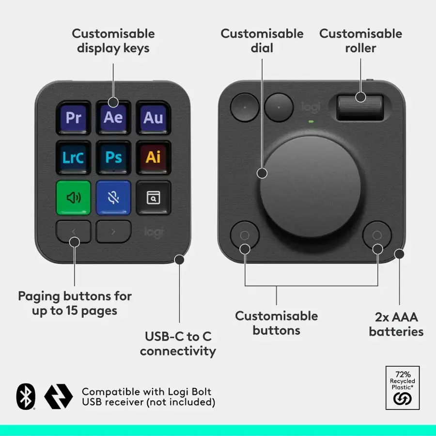 Customisable display keys Customisable dial roller Pr Ae Au logi LrC Ps Ai logi Paging buttons for up to 15 pages Customisable buttons USB-C to C connectivity 2x AAA batteries Compatible with Logi Bolt 4 USB receiver (not included) 72% Recycled Plastic*