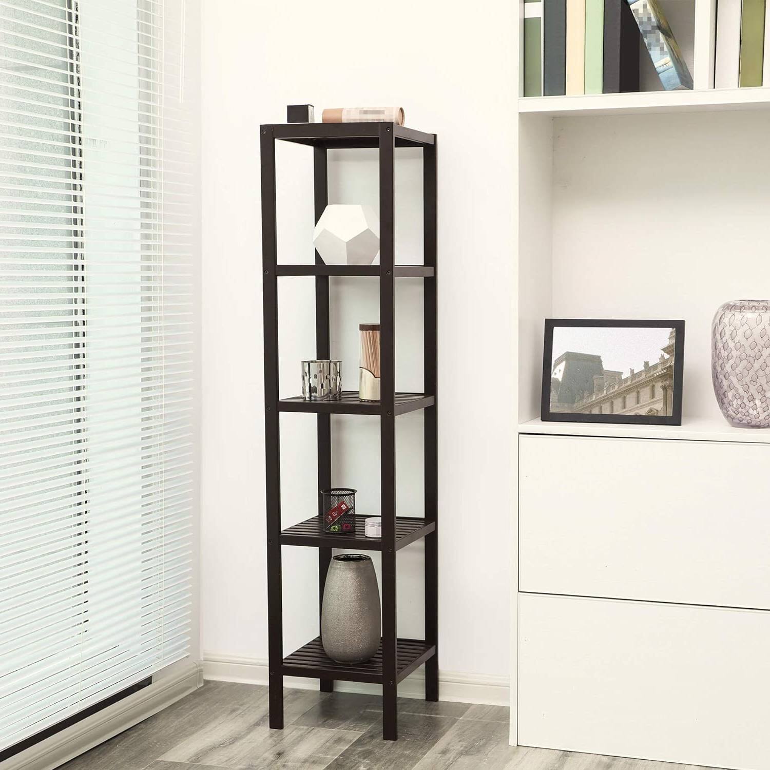 Back. Hivvago - Brown Bamboo Wood 4-Shelf Versatile Storage Unit Rack Narrow Bookcase - Brown.