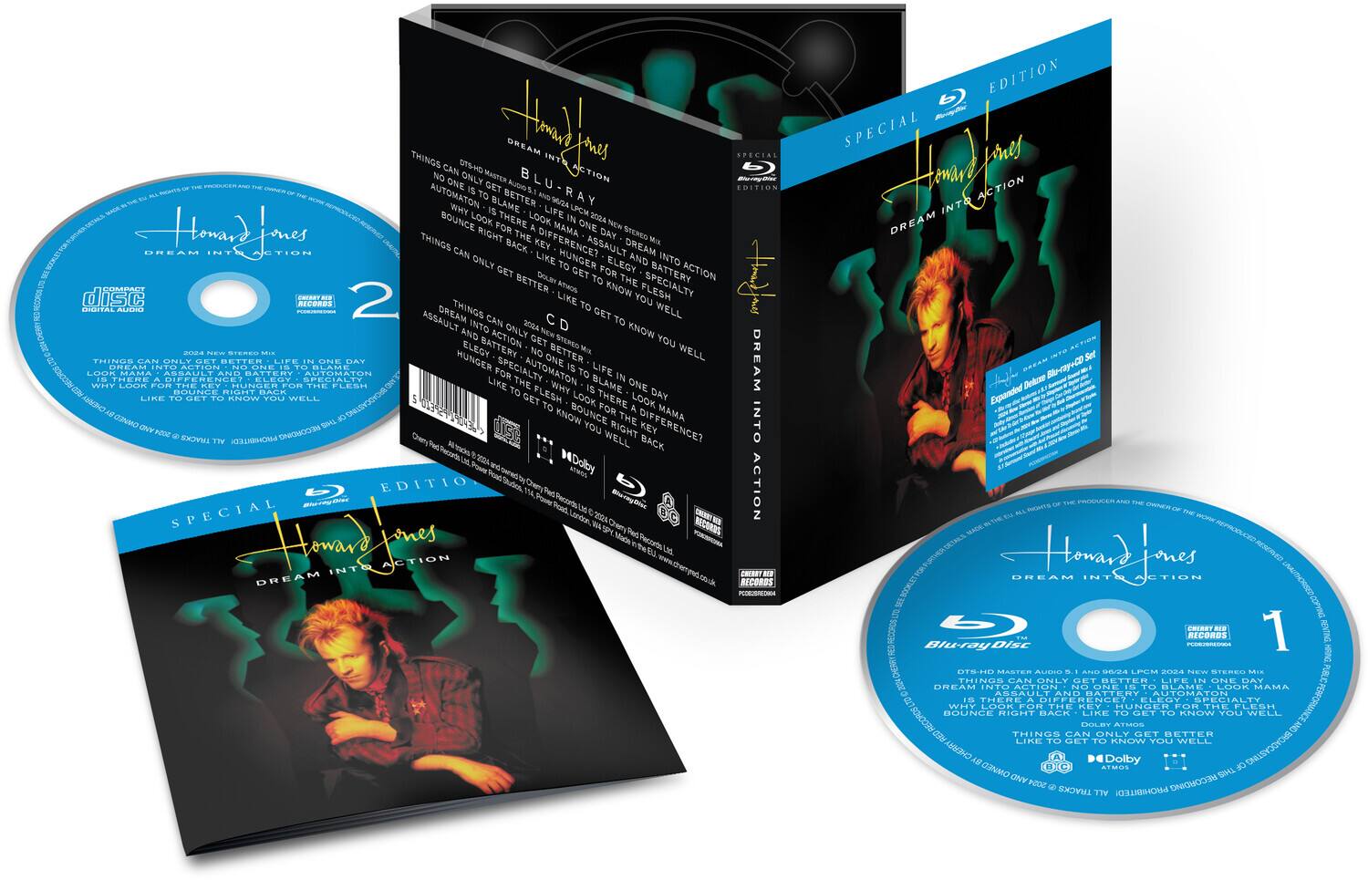 **Front Cover:**

Howard Jones  
DREAM INTERACTION  
SPECIAL EDITION  
Blu-ray Disc

**Back Cover:**

Howard Jones  
DREAM INTERACTION  
SPECIAL EDITION  
Blu-ray Disc

**Disc 1:**

Howard Jones  
DREAM INTERACTION  
Blu-ray Disc

**Disc 2:**

Howard Jones  
DREAM INTERACTION  
COMPACT DIGITAL AUDIO

**Spine:**

Howard Jones  
DREAM INTERACTION  
SPECIAL EDITION

**Disc 1 Text:**

Howard Jones  
DREAM INTERACTION

DTS-HD MASTER AUDIO 5.1 AND 384/24 LPCM 2024 NEW STEREO MIX

THINGS CAN ONLY GET BETTER, LIFE IN ONE DAY  
ASSAULT AND BATTERY  
HUNGER FOR THE FLESH  
WHY LOOK FOR THE KEY  
BOUNCE RIGHT BACK  
THINGS CAN ONLY GET BETTER  
LIKE TO GET TO KNOW YOU WELL

Dolby Atmos  
Dolby Digital

**Disc 2 Text:**

Howard Jones  
DREAM INTERACTION

THINGS CAN ONLY GET BETTER, LIFE IN ONE DAY  
ASSAULT AND BATTERY  
HUNGER FOR