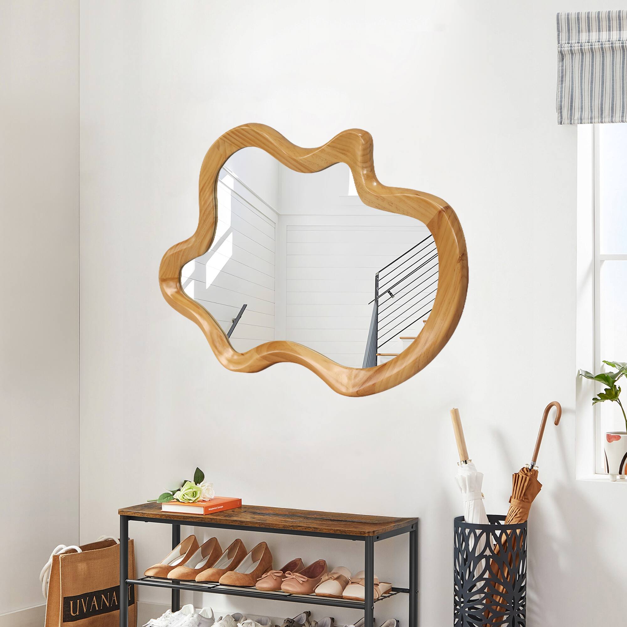 Alt View 7. PAIHOME - 33.46" x 22.24" Irregular Shaped Wall Mirror with Natural Wood Frame, Decorative Bathroom Bedroom Vanity Mirror - Natural Wood.