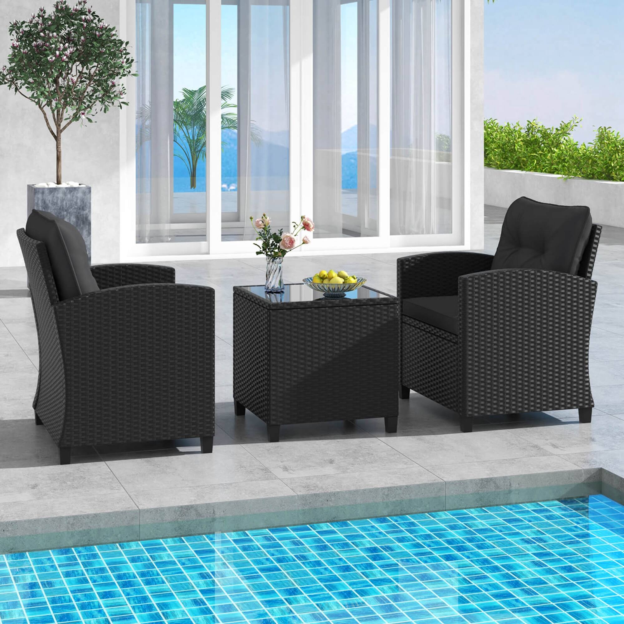 Alt View 4. Costway - 3 PCS Patio Furniture Set with Tempered Glass Coffee Table Washable Cushions - Black.