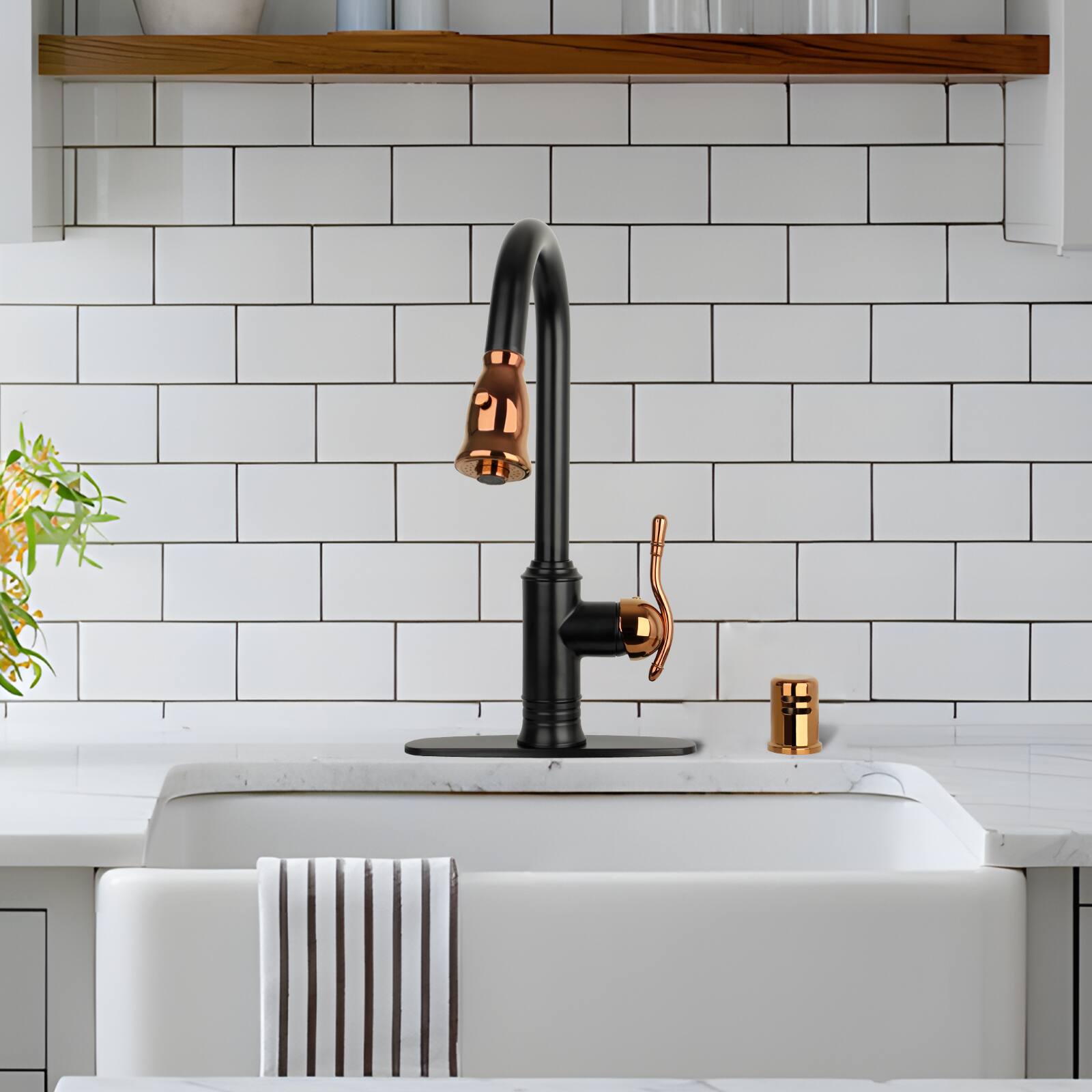 Alt View 4. Akicon - Akicon Solid Brass Single Handle Kitchen Faucet with Pull Down Sprayer in Matte Black & Rose Gold - Matte Black & Rose Gold.