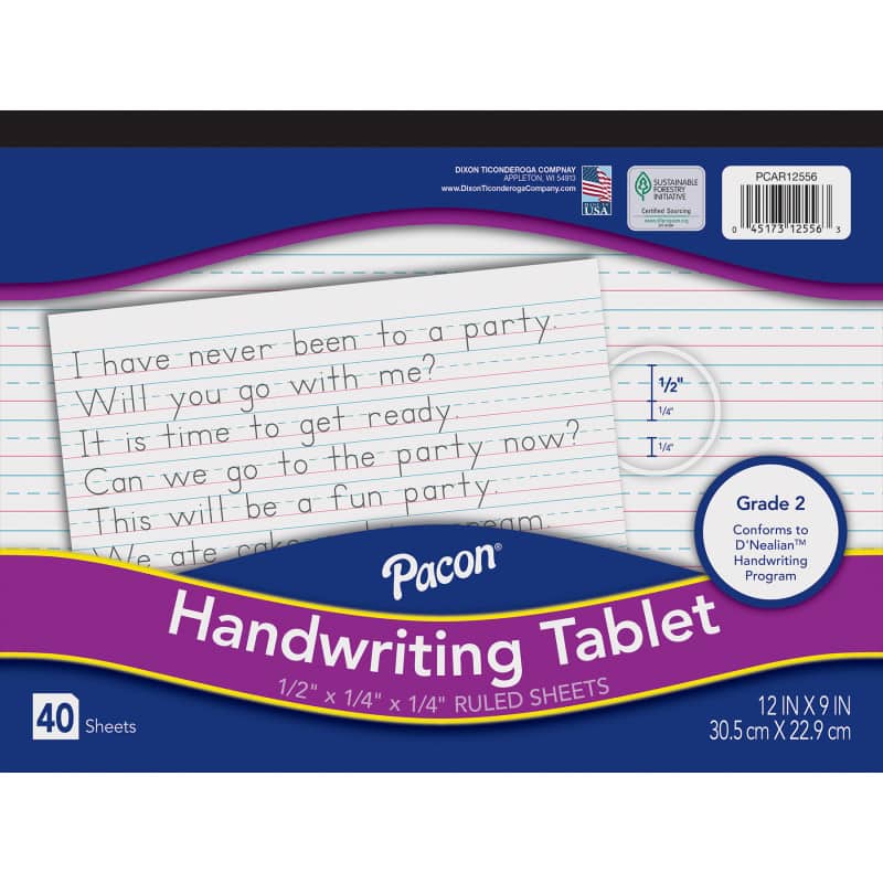 Pacon - Handwriting Tablet, White, 1/2 in x 1/4 in x 1/4 in Ruled Long, 12" x 9", 40 Sheets