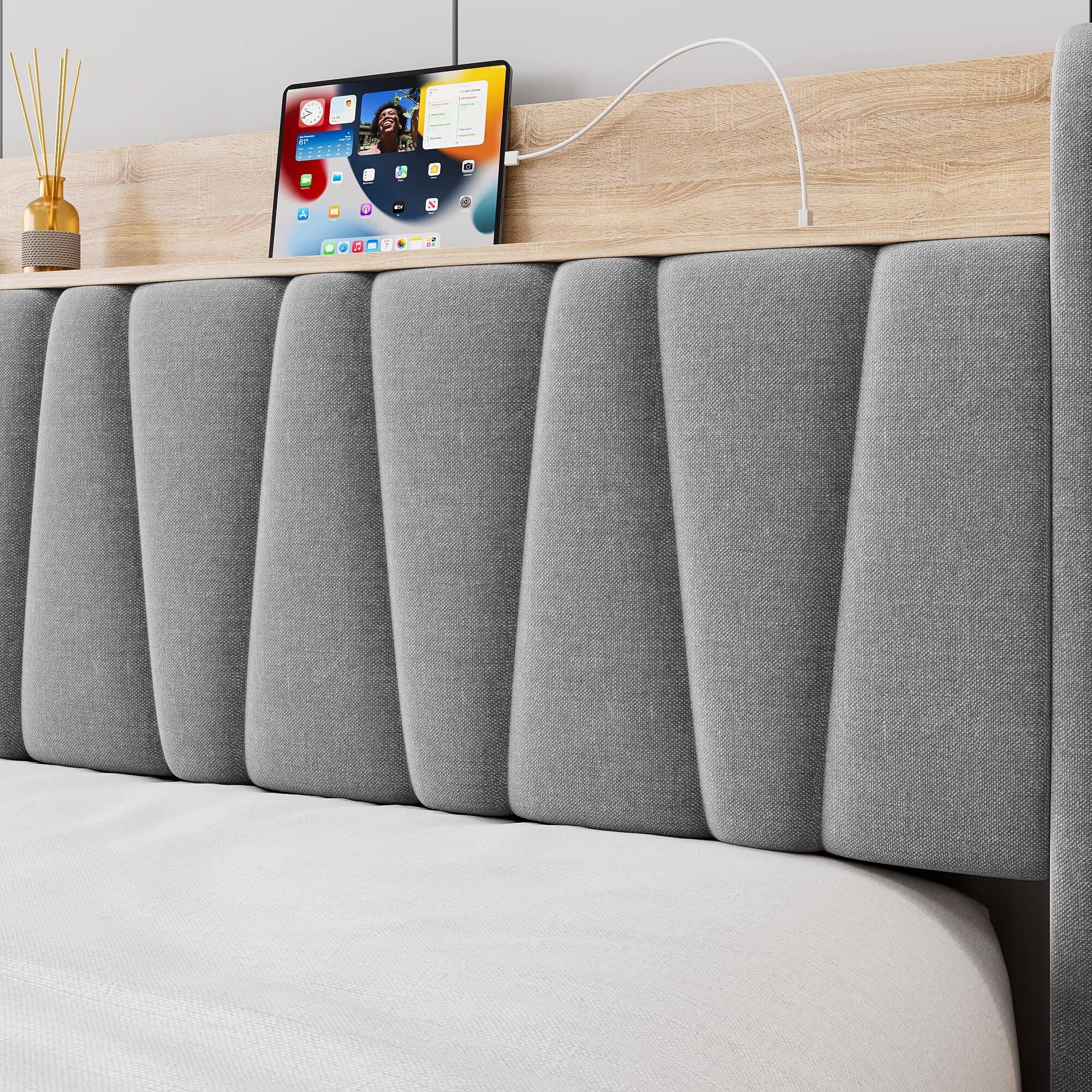 Back. Jojoka - Full Size Upholstered Bed Frame with Storage Headboard and Charging Station, Platform Bed Frame with Drawers - Gray.