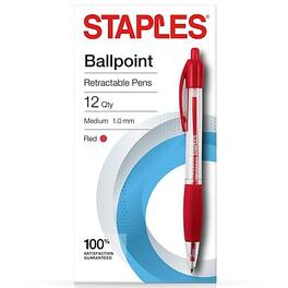 Staples - Retractable Ballpoint Pens, Medium Point, Dozen - Red Ink