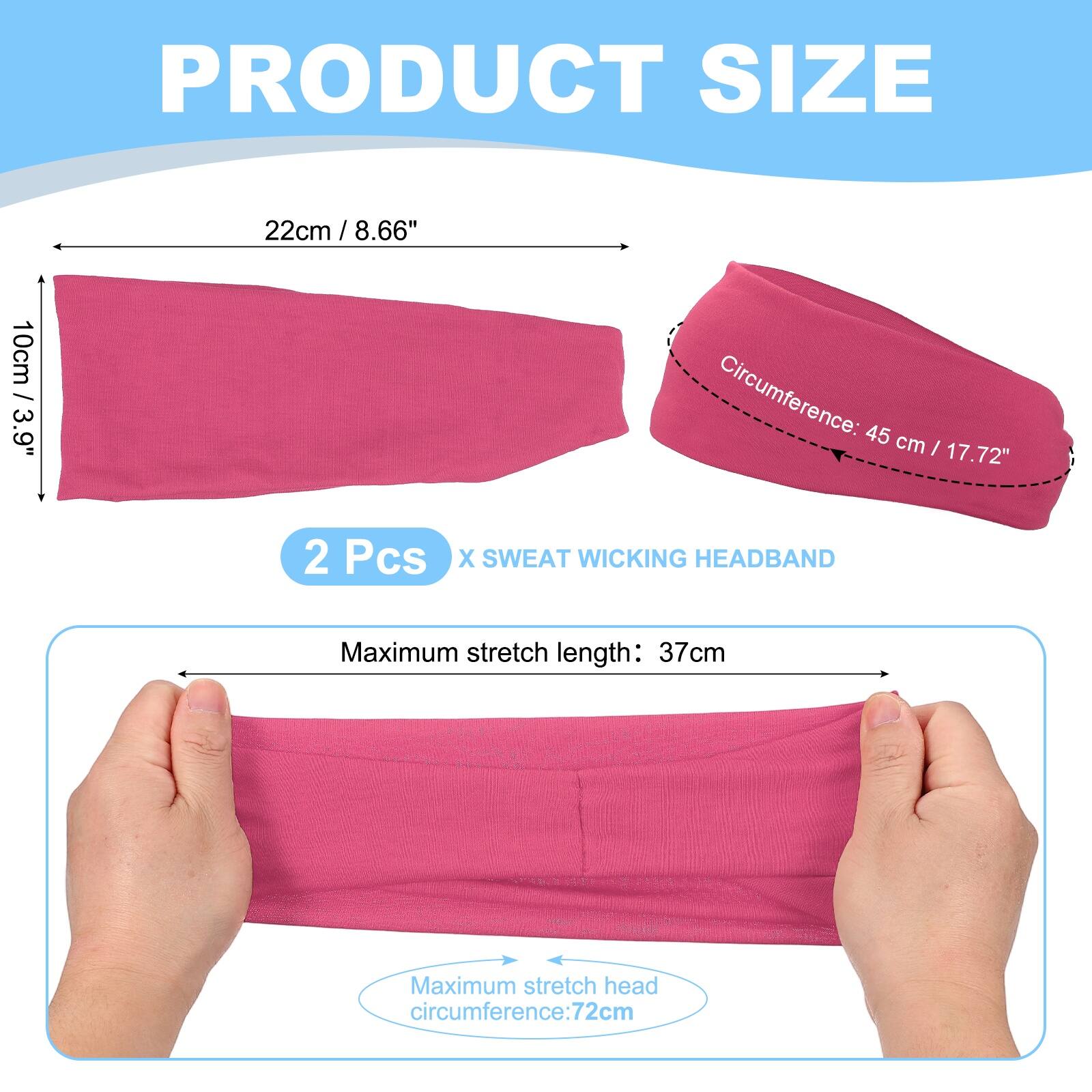 PRODUCT SIZE

22cm / 8.66"  
10cm / 3.9"  
Circumference: 45 cm / 17.72"  

2 Pcs X SWEAT WICKING HEADBAND  

Maximum stretch length: 37cm  
Maximum stretch head circumference: 72cm