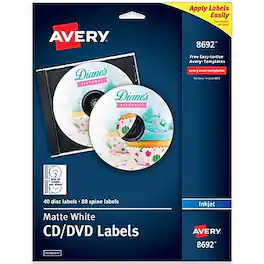 Avery - Inkjet CD Labels, Matte 2 Labels/Sheet, 20 Sheets/Pack, 40 Labels/Pack (8212) - White