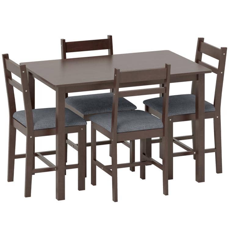 PULUZ - 5-Piece Solid Wood Dining Table Set for 4, Farmhouse Kitchen Table with Upholstered Chairs for Dining Room - Walnut