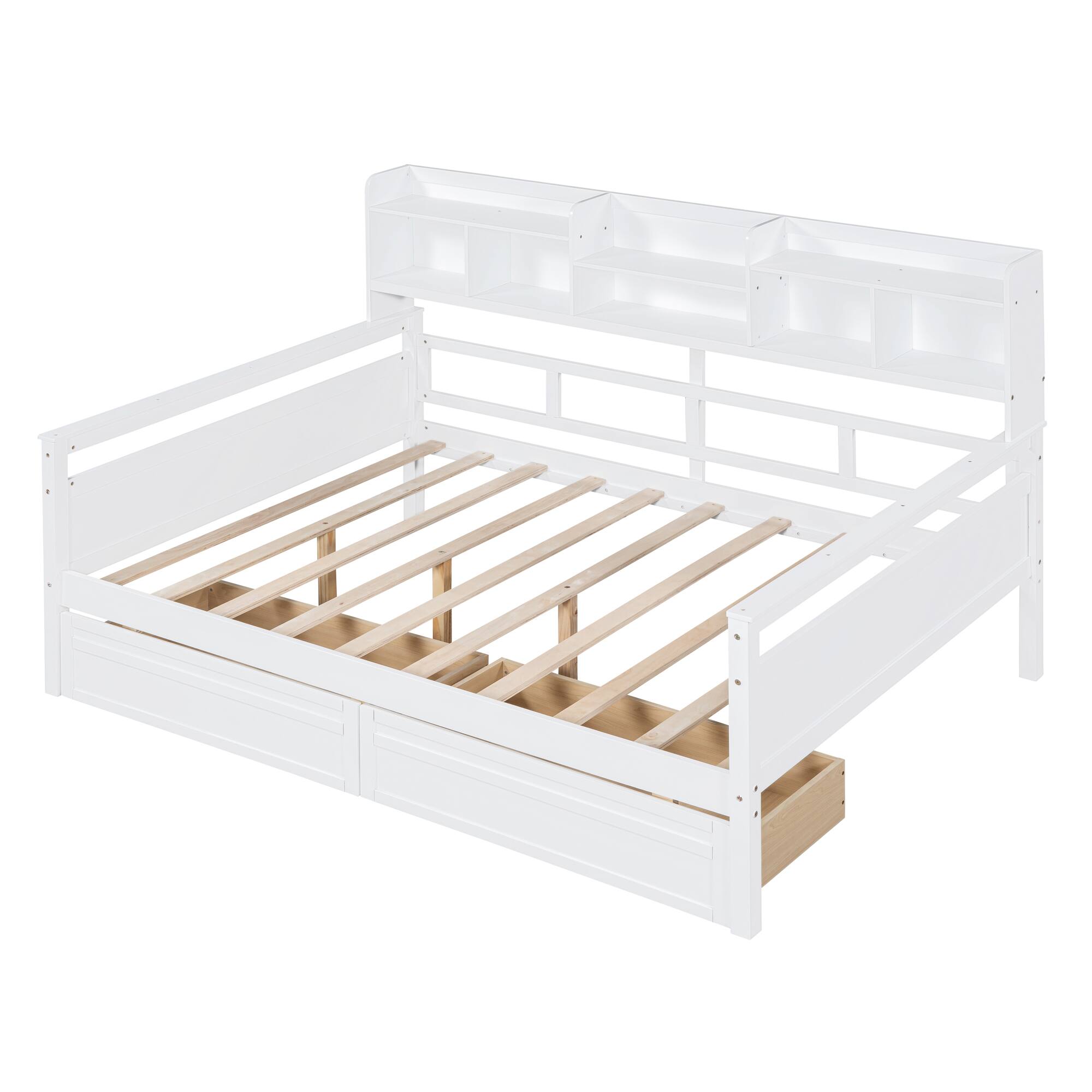 Left. Aukfa - Twin size Daybed, Wood Slat Support, with Bedside Shelves and Two Drawers - White.