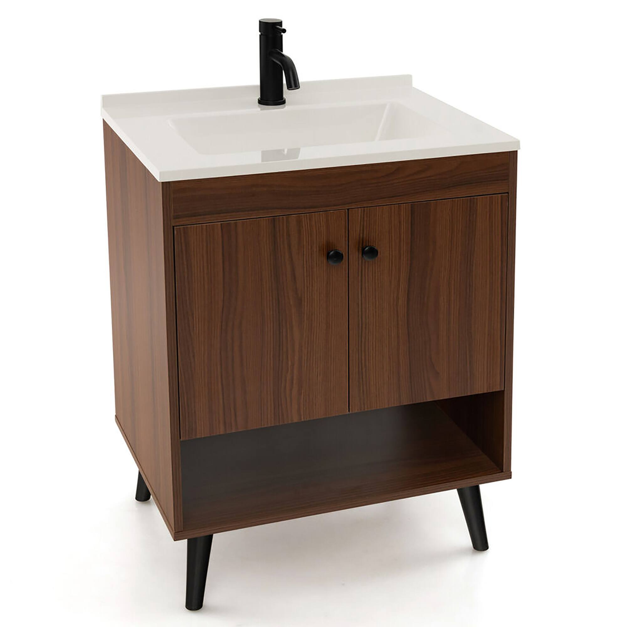 Alt View 9. Gymax - Gymax 25 Inch Wooden Bathroom Vanity Sink Combo with Open Shelf & Sink & Pop Up Drain - Walnut.