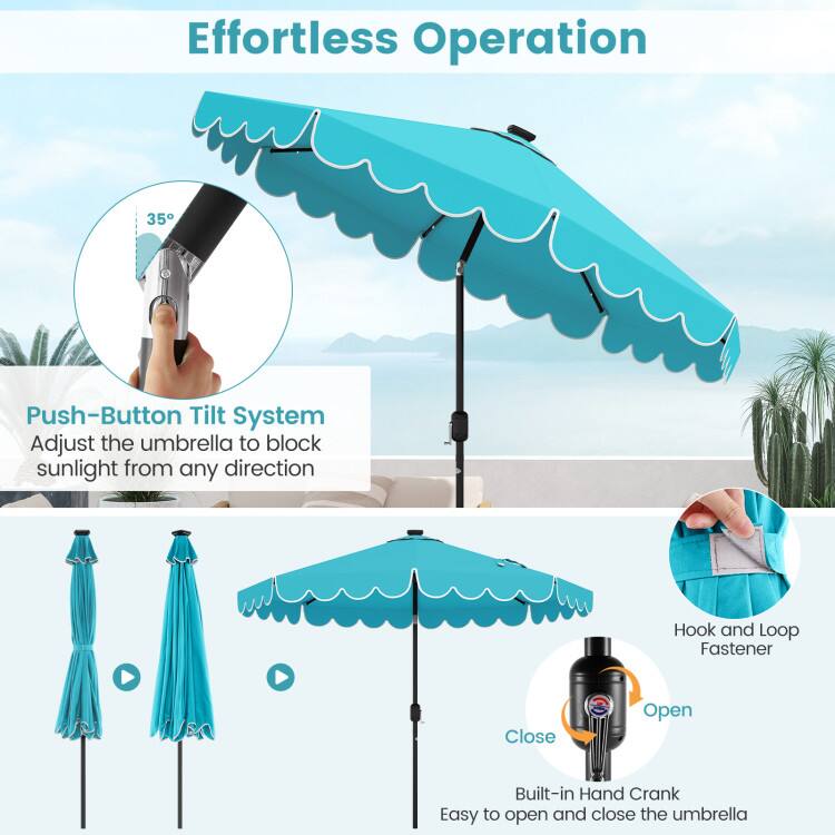Effortless Operation

35° Push-Button Tilt System
Adjust the umbrella to block sunlight from any direction

Hook and Loop Fastener

Built-in Hand Crank
Easy to open and close the umbrella