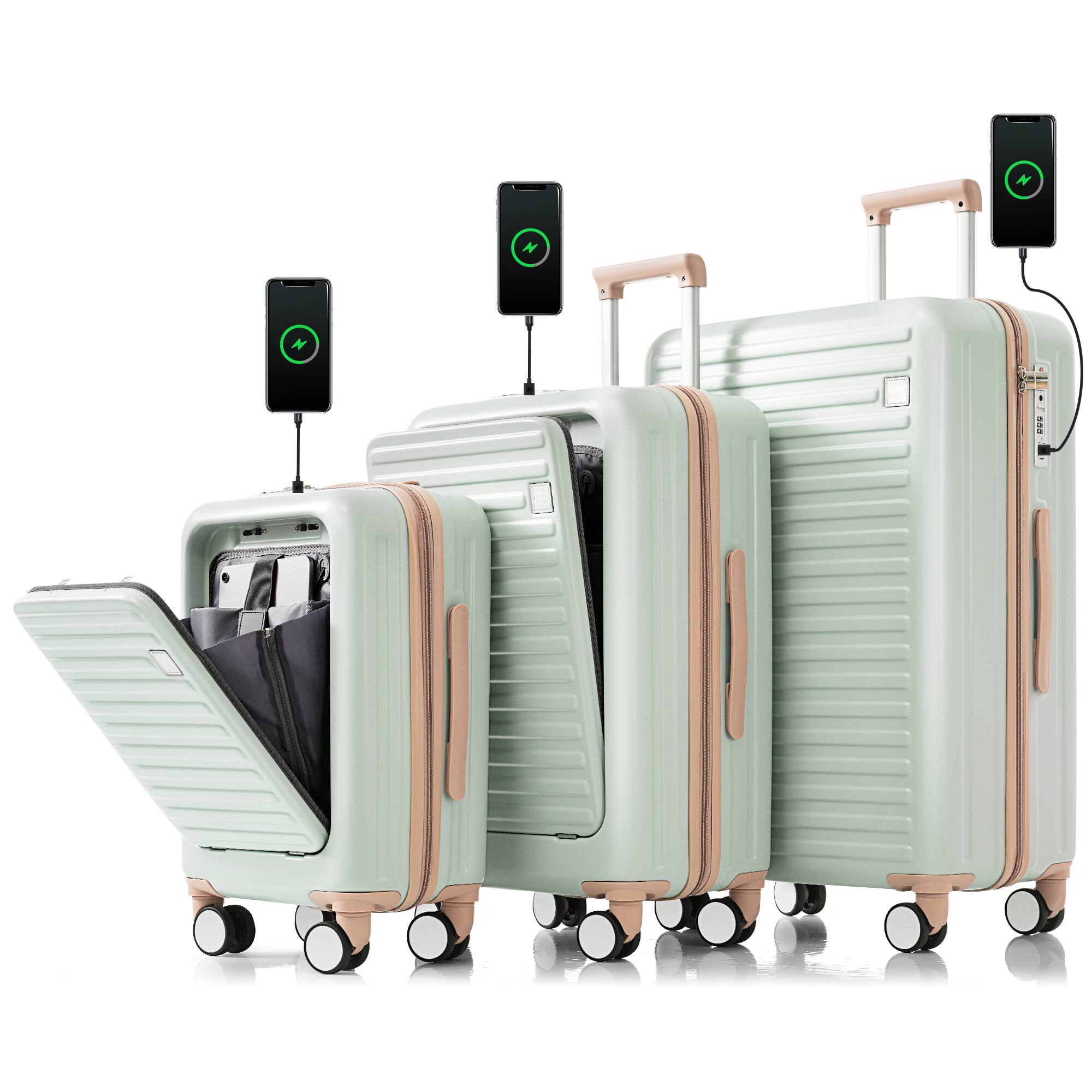 Front. APRILSOUL - Luggage Set of with front opening design Airline Certified Carry on grey green - Grey.