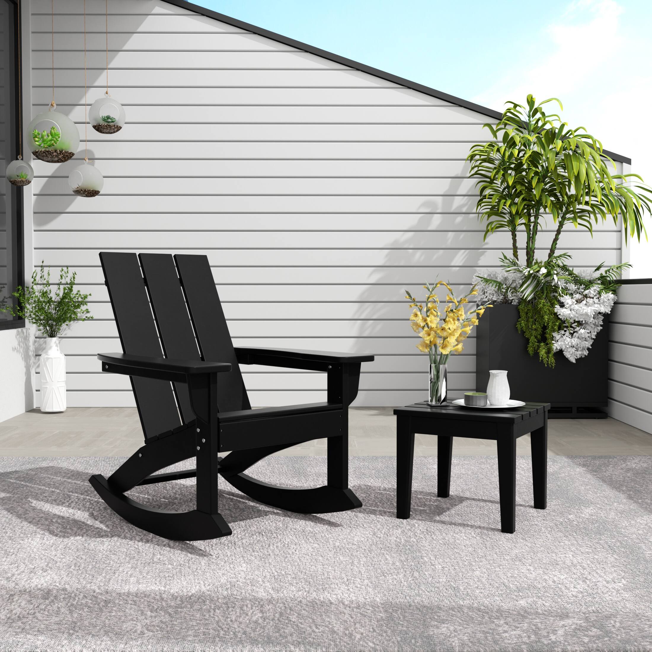 Angle. WestinTrends - WestinTrends Ashore 2-Pieces Set Modern Plastic Outdoor Rocking Chair with Square Side Table - Black.