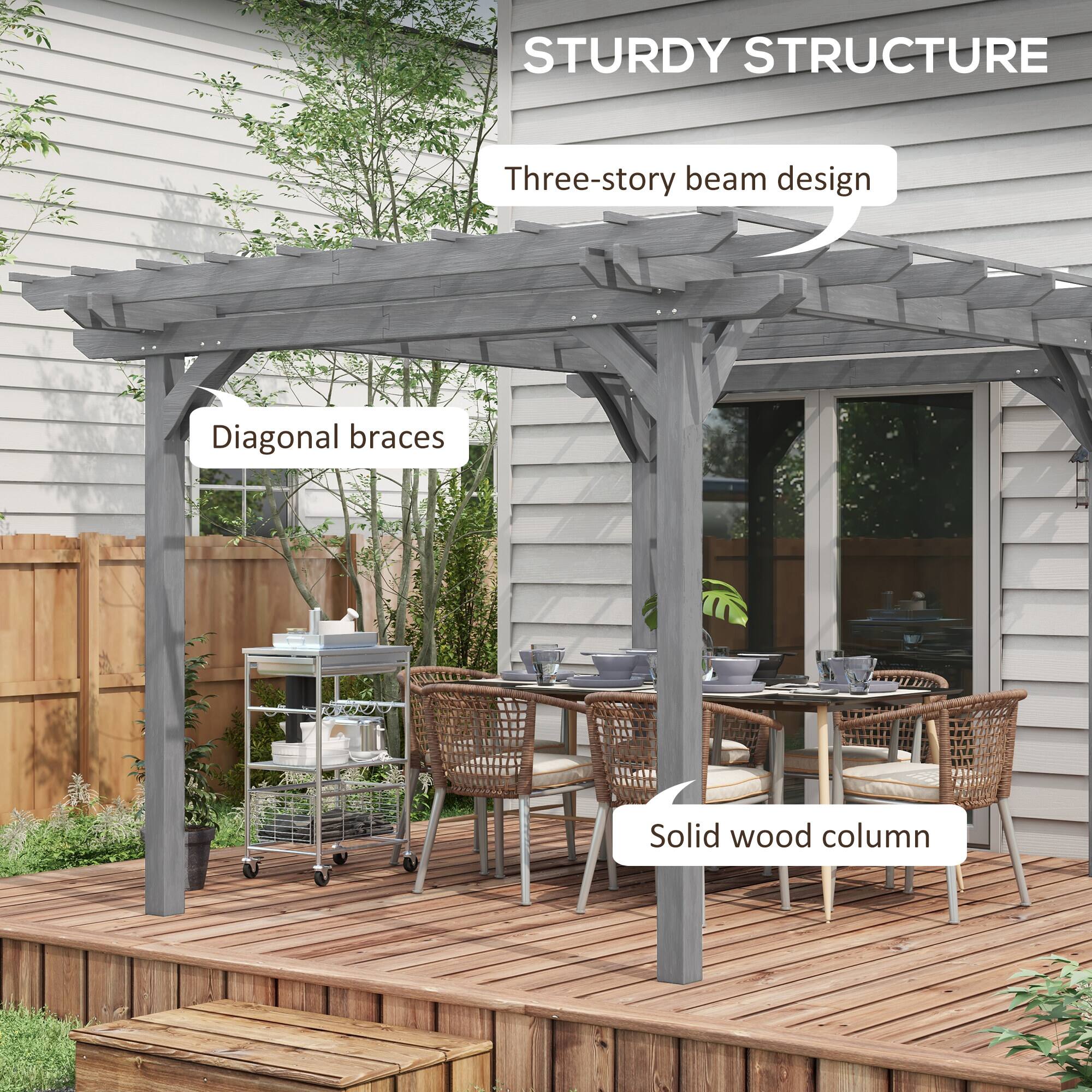 STURDY STRUCTURE

- Three-story beam design
- Diagonal braces
- Solid wood column