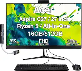 Acer - Upgraded - Aspire C27 All-in-One 27 FHD Display (Ryzen 5 7430U, 16GB, 512GB SSD, AMD Radeon, WiFi 6E, Win 11 Pro) w/USB Hub - Black