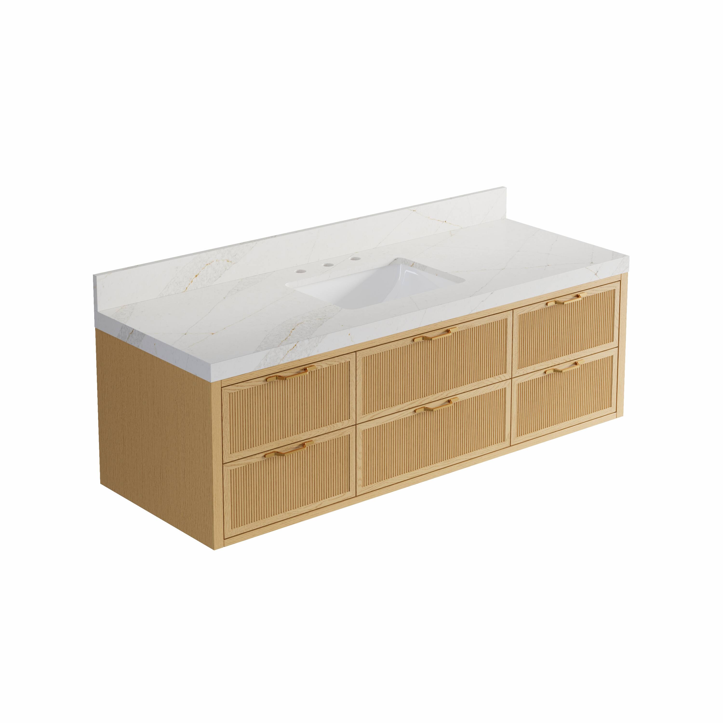 Alt View 8. WELLFOR - LYNOAK 60 in. Wall-mount Solid Wood Bath Vanity with Quartz Top, Single Sink, Soft Close, Assembled - OAK.