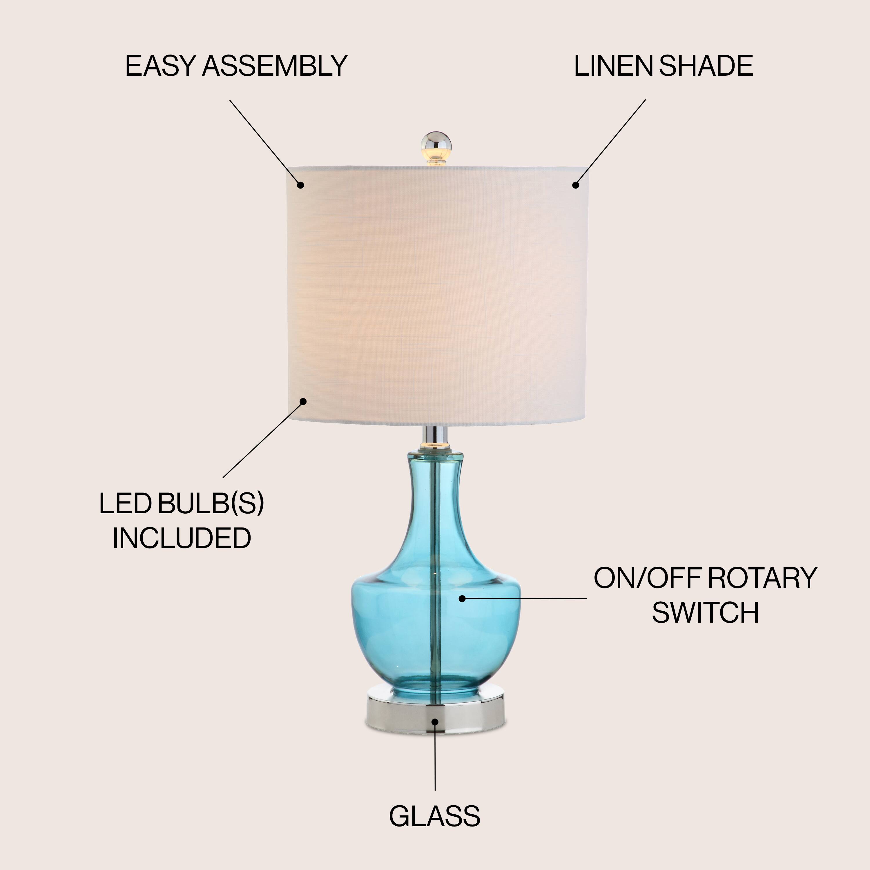 EASY ASSEMBLY  
LINEN SHADE  
LED BULB(S) INCLUDED  
ON/OFF ROTARY SWITCH  
GLASS