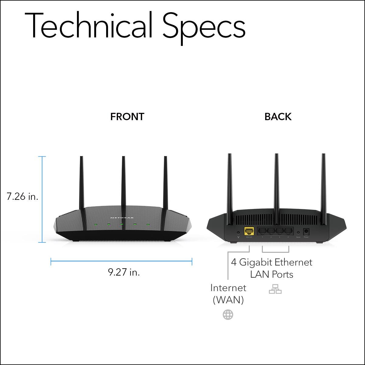 Technical Specs

FRONT
- 7.26 in.
- 9.27 in.

BACK
- 4 Gigabit Ethernet LAN Ports
- Internet (WAN)