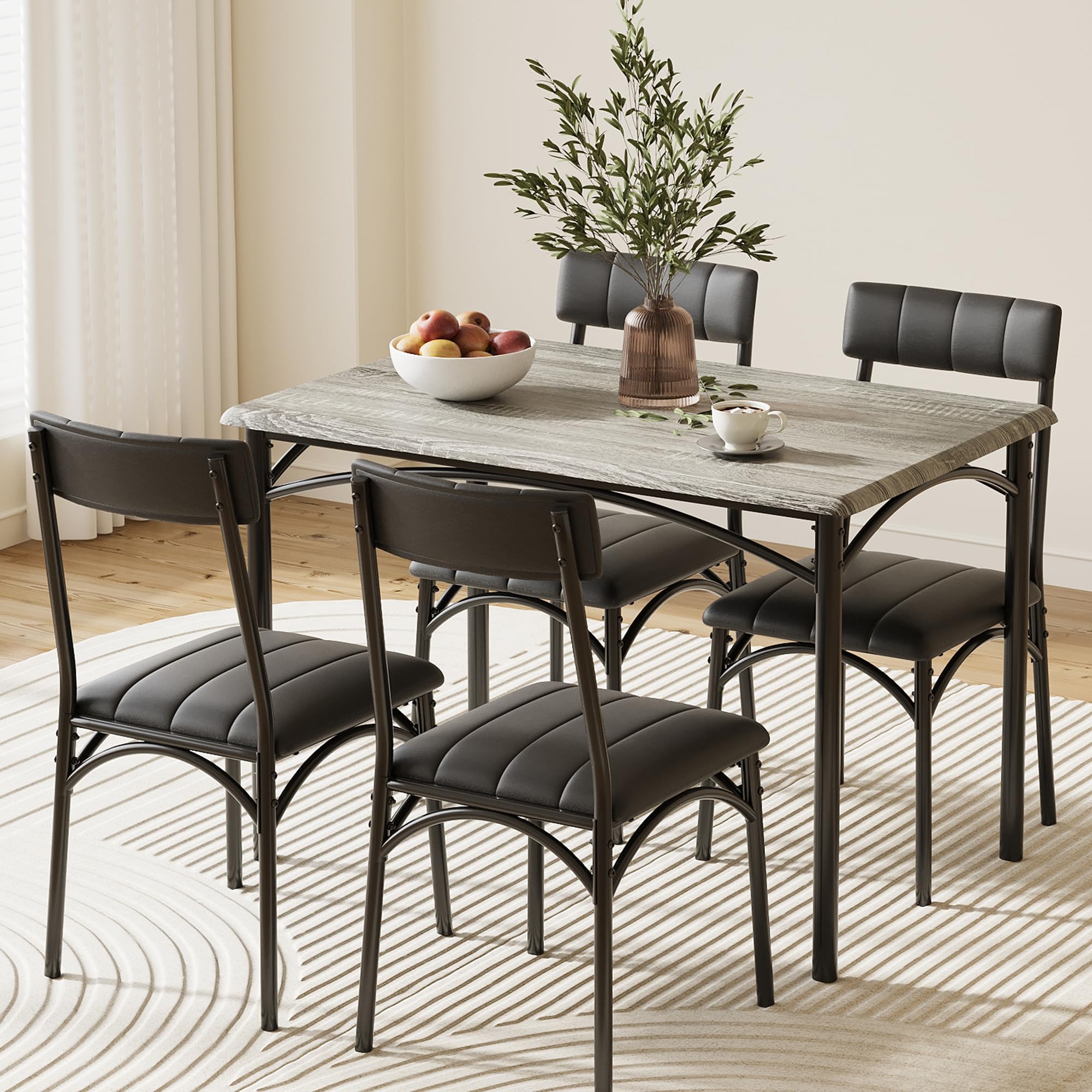 Front. Acekool - Dining Table Set for 4 - Kitchen Table and Chairs for Small Space Apartment Studio, Wooden Rectangular Kitchen Table Set - Grey.