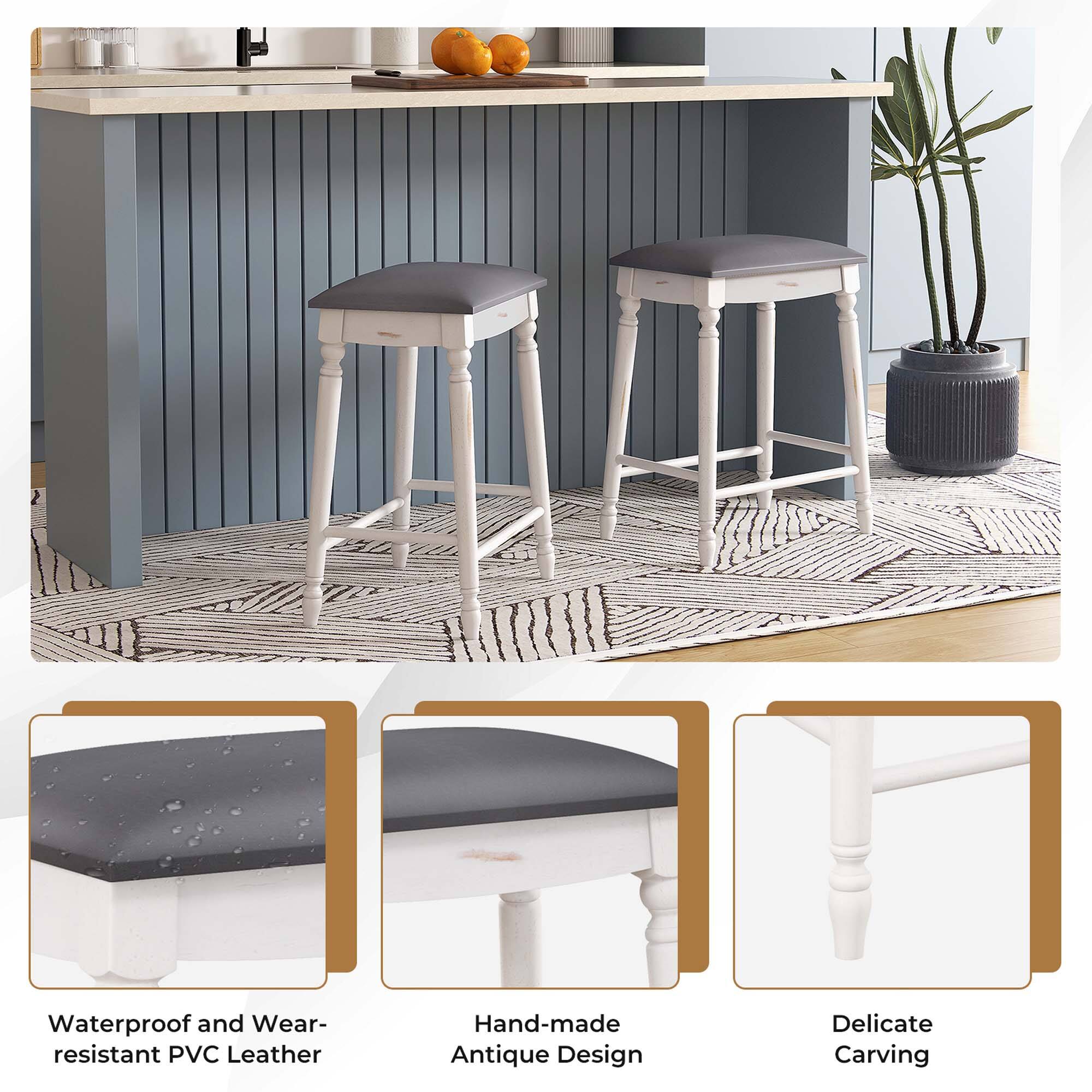 The image features a kitchen counter with two white stools. The stools are accompanied by a rug and a potted plant. The stools are described as having a waterproof and wear-resistant PVC leather, hand-made antique design, and delicate carving. The combination of these features makes the stools both functional and aesthetically pleasing.