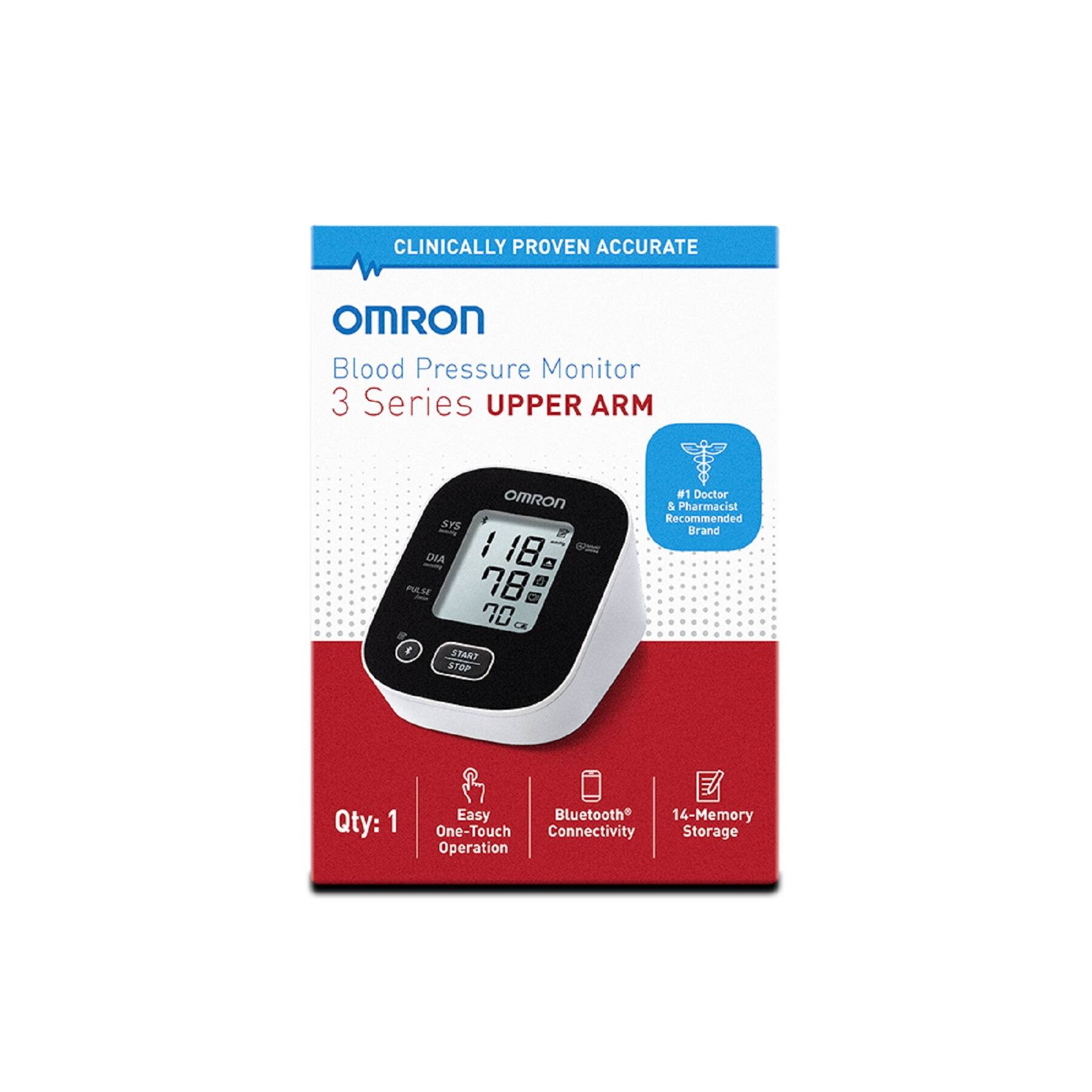 The text on the image reads: "Clinically proven accurate Omron Blood Pressure Monitor 3 Series Upper Arm. Omron Systolic/Diastolic 180/70 mmHg. Fully automatic. 14-memory one-touch connectivity. Easy Bluetooth. Storage operation. Doctor & Pharmacist Recommended Brand. Qty: 1."