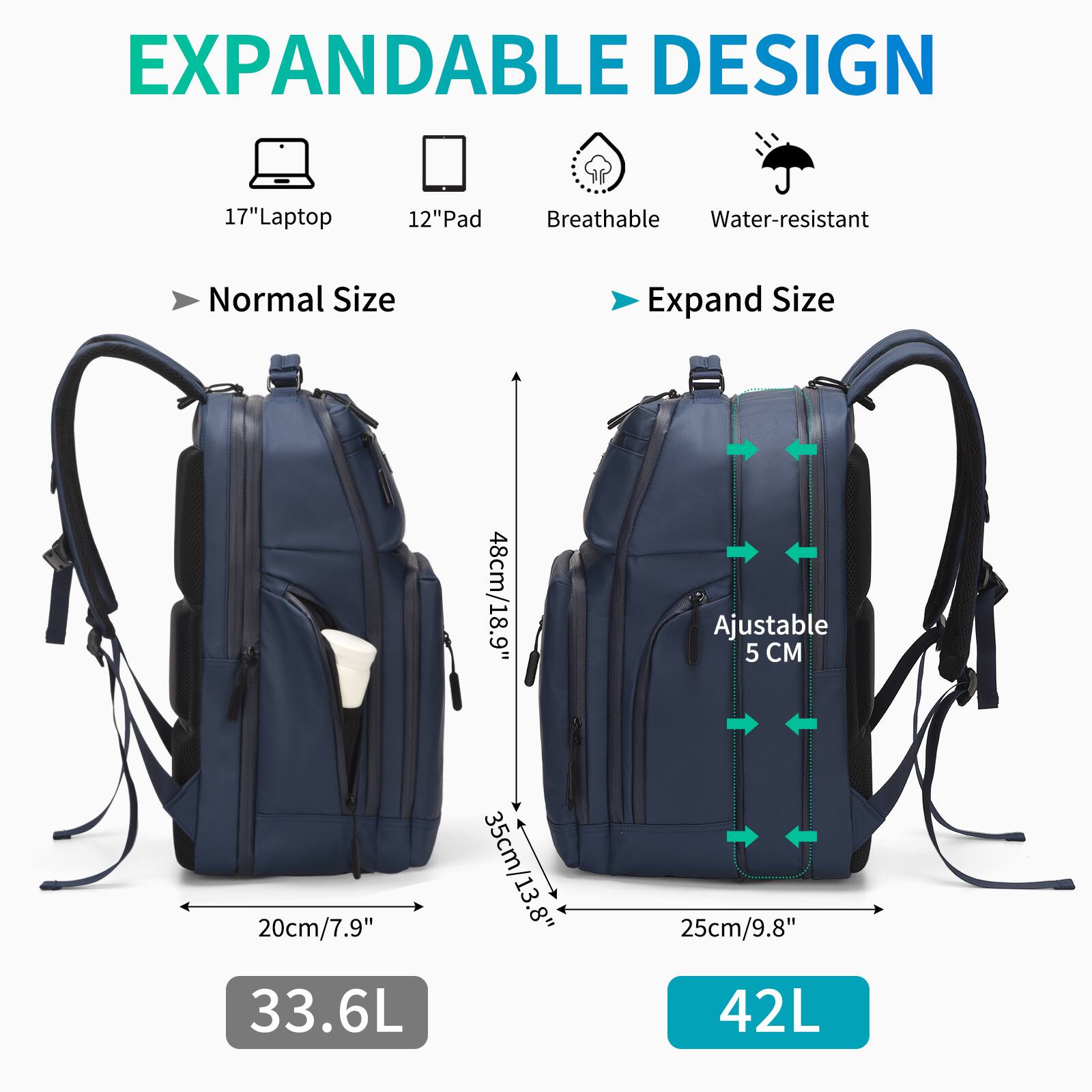 EXPANDABLE DESIGN

17" Laptop  
12" Pad  
Breathable  
Water-resistant  

Normal Size  
48cm/18.9"  
20cm/7.9"  
35cm/13.8"  
33.6L  

Expand Size  
Ajustable 5 CM  
25cm/9.8"  
42L