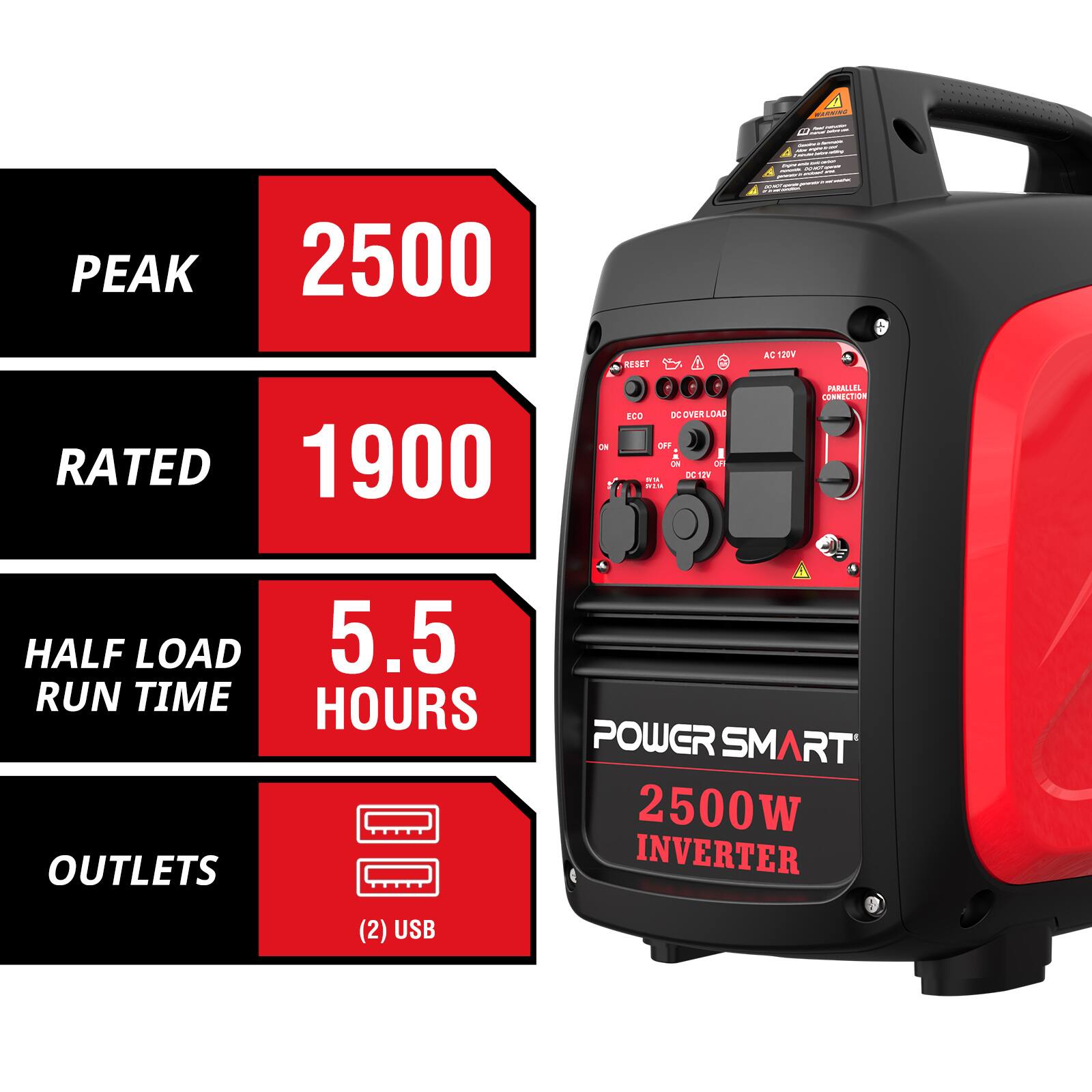 - PEAK: 2500
- RATED: 1900
- HALF LOAD RUN TIME: 5.5 HOURS
- OUTLETS: (2) USB

POWER SMART 2500W INVERTER

AC 120V
DC 12V
ECO
DC OVERLOAD
RESET
PARALLEL CONNECTION