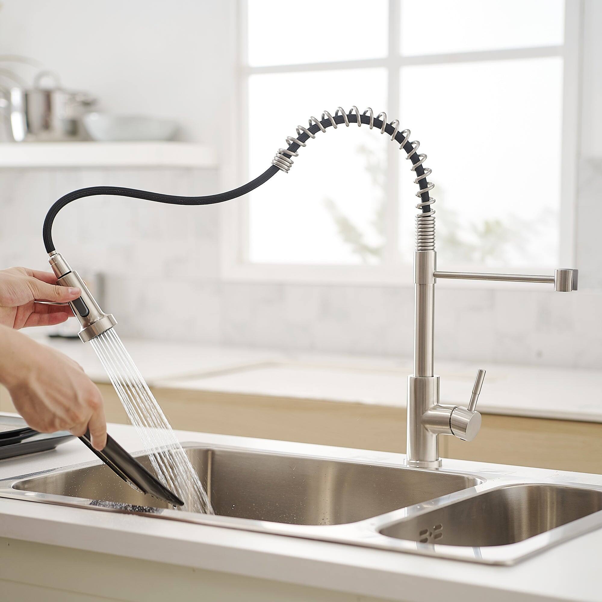 Angle. Boyel Living - Brushed Nickel Single Handle Pull Down Sprayer Kitchen Faucet Stainless Steel with Water Supply Hoses - Brushed Nickel.