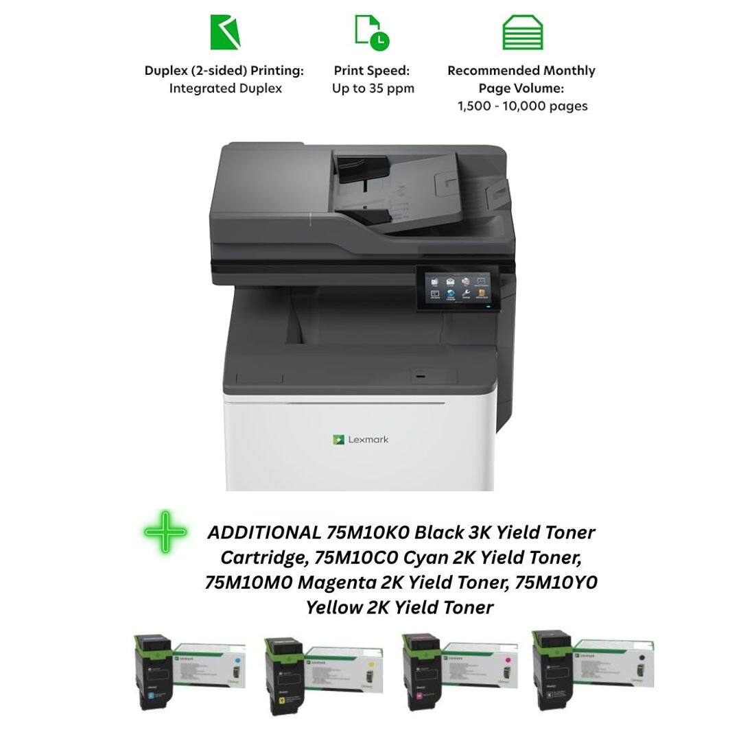 Duplex (2-sided) Printing: Integrated Duplex  
Print Speed: Up to 35 ppm  
Recommended Monthly Page Volume: 1,500 - 10,000 pages  

Lexmark  
+ ADDITIONAL 75M10KO Black 3K Yield Toner Cartridge, 75M10CO Cyan 2K Yield Toner, 75M10MO Magenta 2K Yield Toner, 75M10YO Yellow 2K Yield Toner