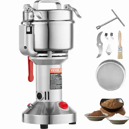 Sure, here is the corrected and grouped text:
---
**VEVOR**
**Grain Grinder**
**Model: HC-2000**
**Input Voltage:** 100-240V 50/60Hz
**Power:** 150W
**Capacity:** 2.5L
**Description:** The Grain Grinder is a versatile kitchen appliance designed for grinding grains, spices, and other dry ingredients. It features a powerful motor and adjustable settings for coarse or fine grinding.
**Features:**
- Stainless steel construction
- Adjustable grinding settings
- Easy to clean and maintain
- Comes with various attachments for different grinding needs
**Attachments Included:**
- Grinding plates
- Cleaning brush
- Screws and tools
**Made in China**
---
This text is based on the image provided and includes the key details about the product.
