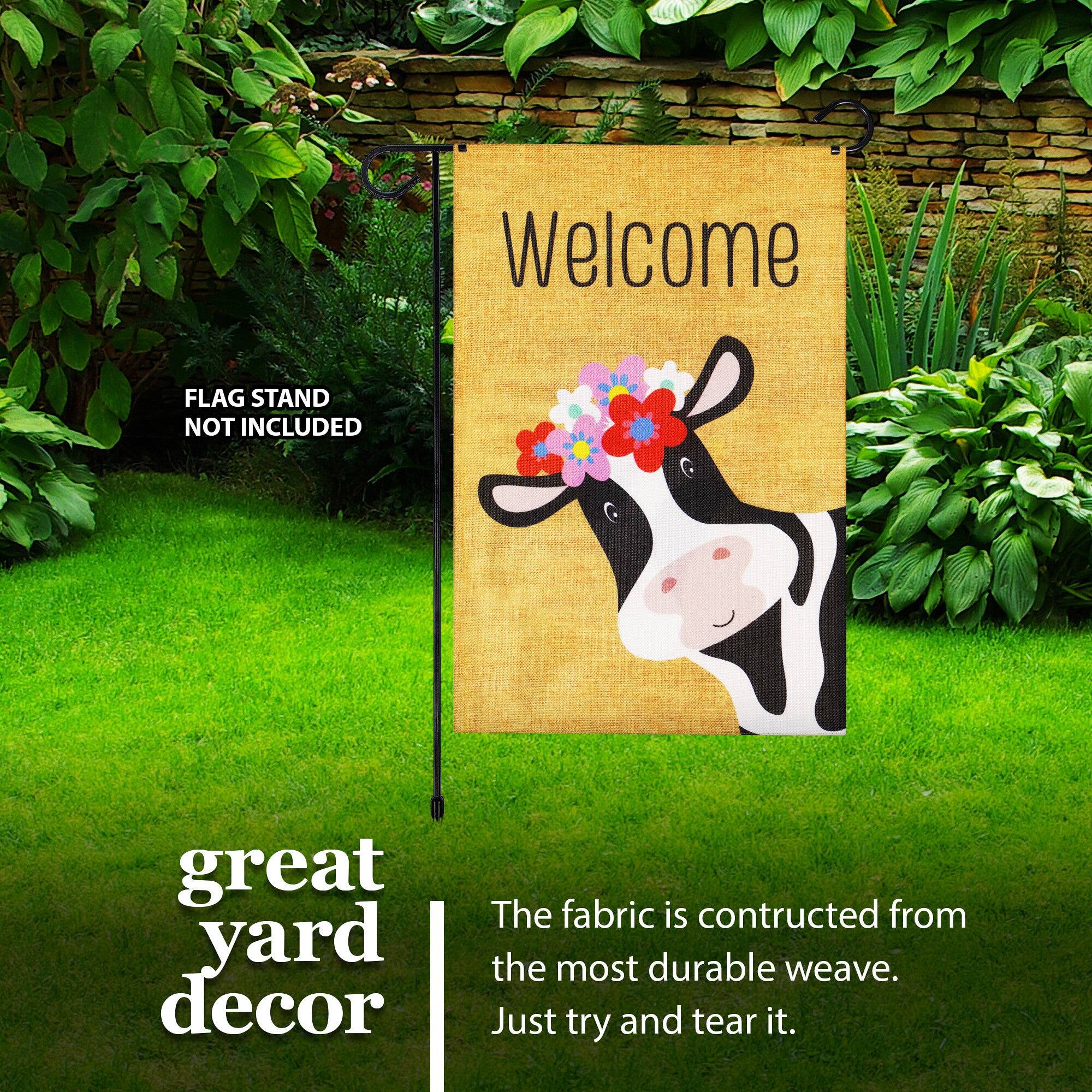 Welcome  
FLAG STAND NOT INCLUDED  
great yard decor  

The fabric is constructed from the most durable weave. Just try and tear it.
