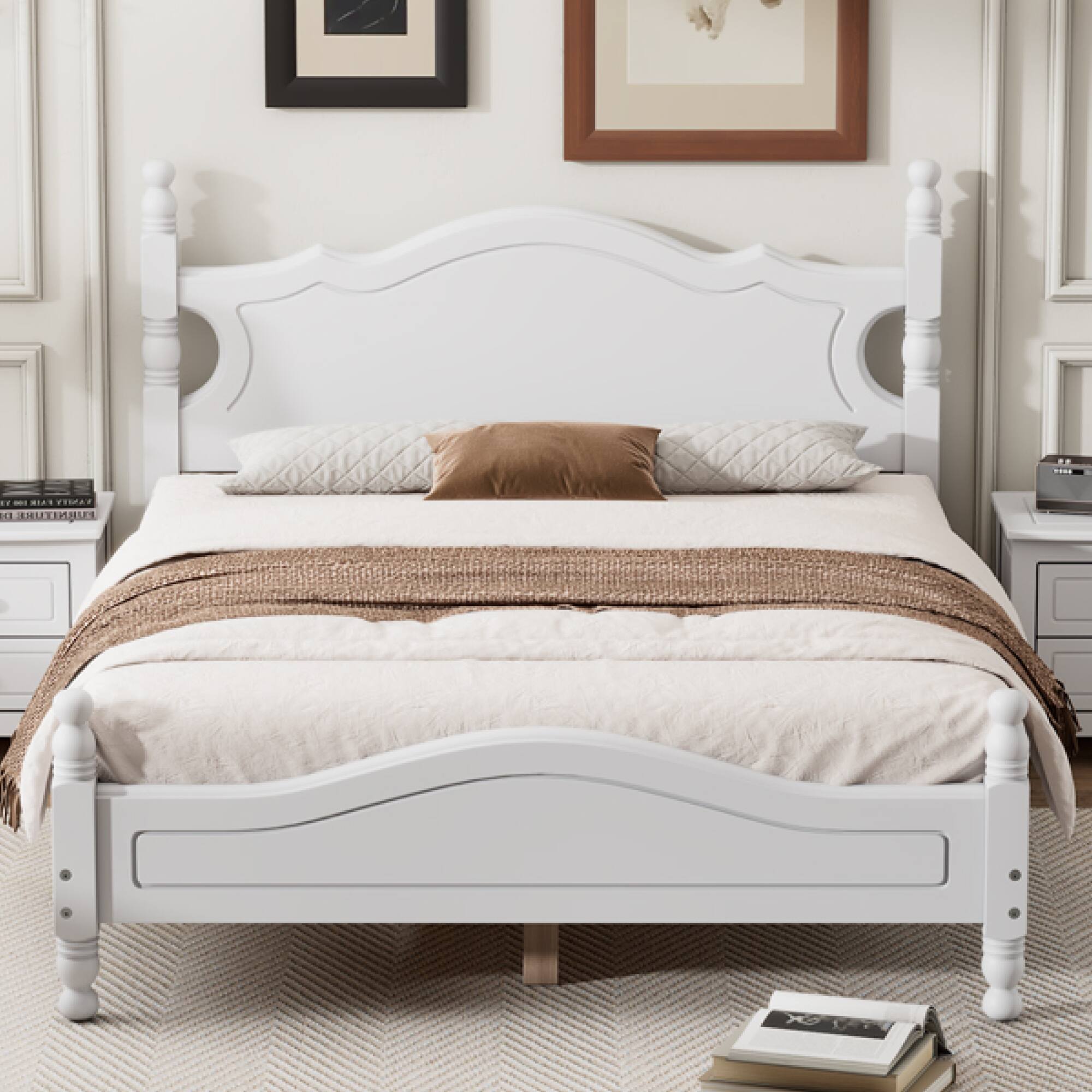 Alt View 10. GOODSILO - Full Size Retro Wood Platform Bed Frame with Wooden Slat Support and Elegant Headboard - White.