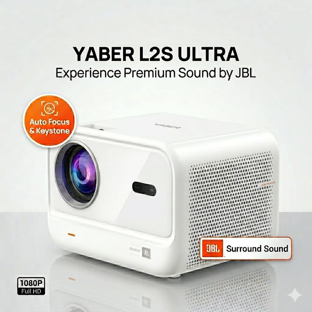 Yaber - L2s Ultra Smart Projector: Native 1080P, 460 ISO Lumens High Brightness, Official JBL Audio, Seamless Auto Focus - White