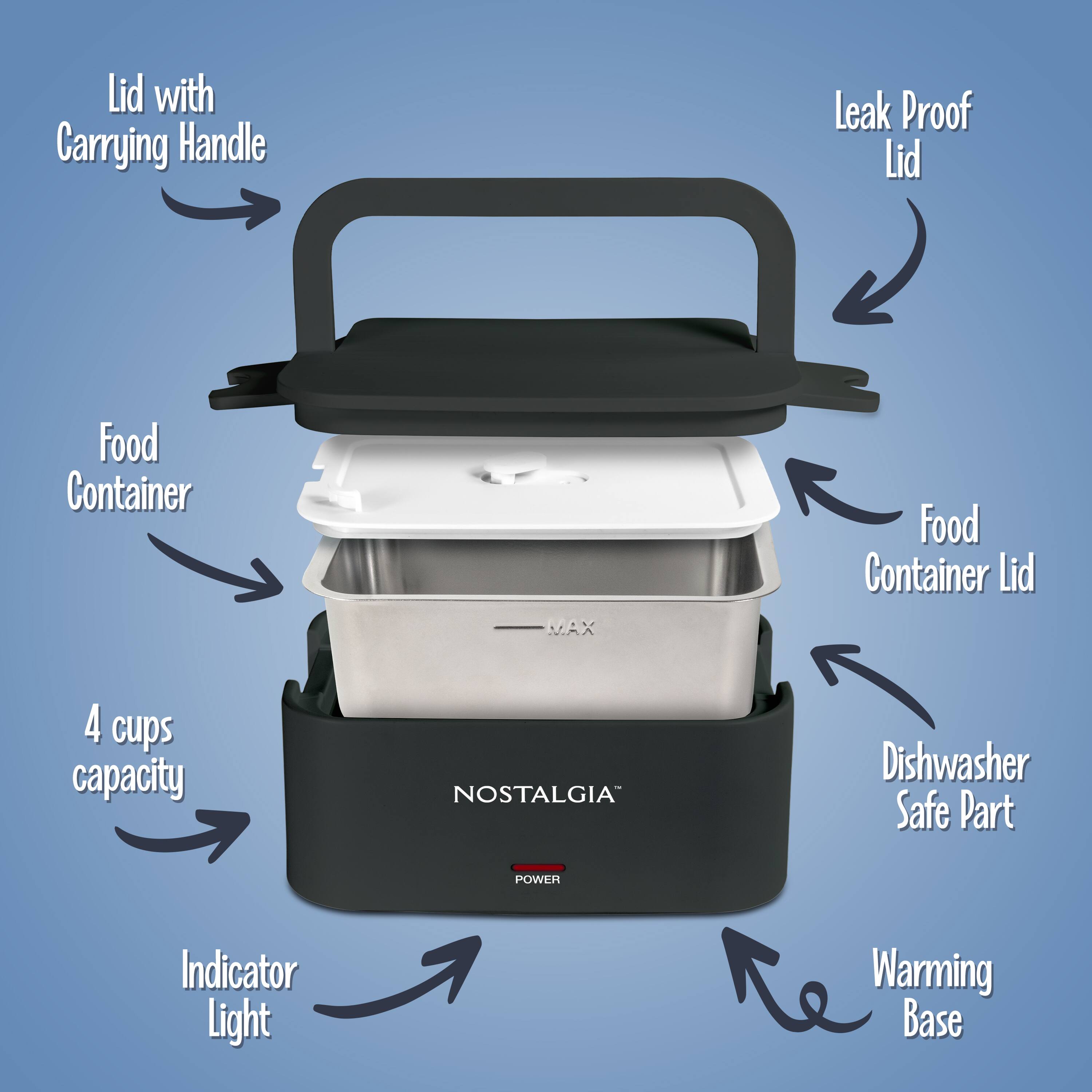 Lid with Carrying Handle  
Leak Proof Lid  
Food Container  
Food Container Lid  
4 cups capacity  
Dishwasher Safe Part  
Indicator Light  
Warming Base  
NOSTALGIA