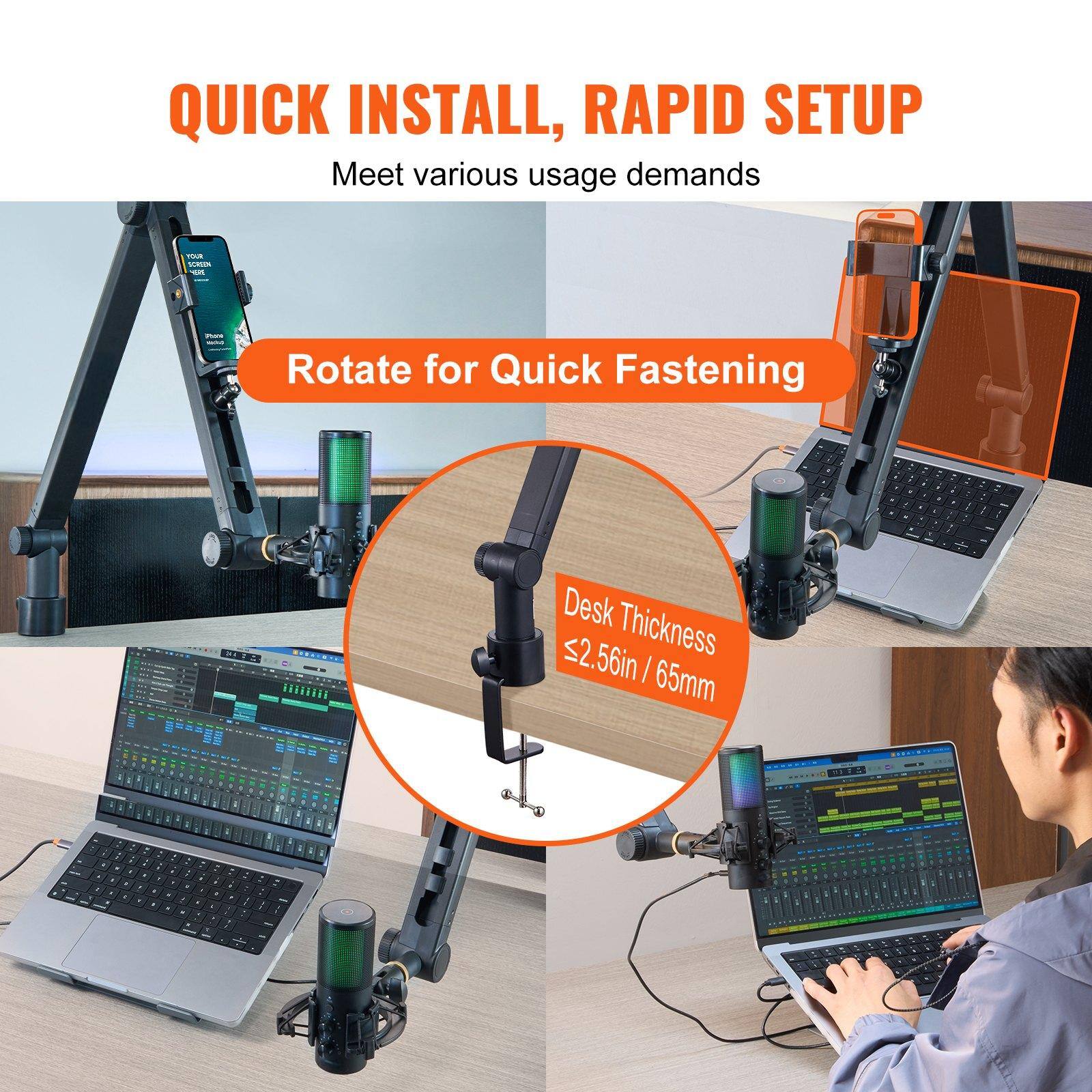 QUICK INSTALL, RAPID SETUP  
Meet various usage demands  

Rotate for Quick Fastening  

Desk Thickness ≤2.56in / 65mm