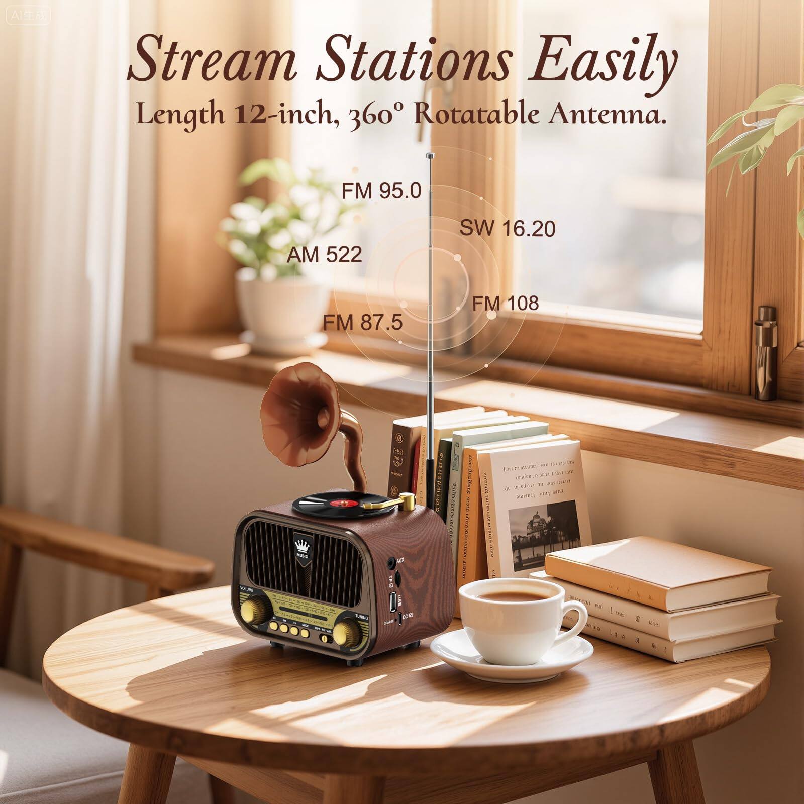 Stream Stations Easily  
Length 12-inch, 360° Rotatable Antenna.  
FM 95.0  
AM 522  
SW 16.20  
FM 87.5  
FM 108