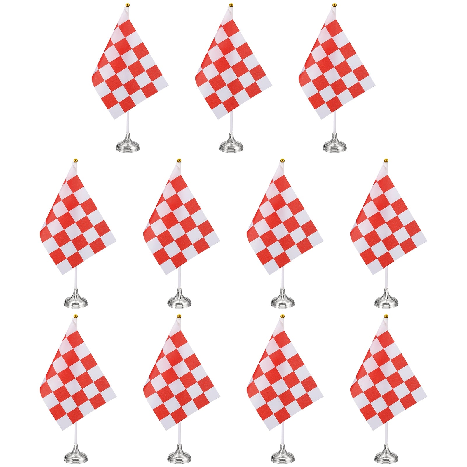Unique Bargains - 12pcs 12" R/W Checkered Table Flag for Racing/Sport Party, White Plastic Stick & Silver Round Base - Red and White Flag, Silver Base