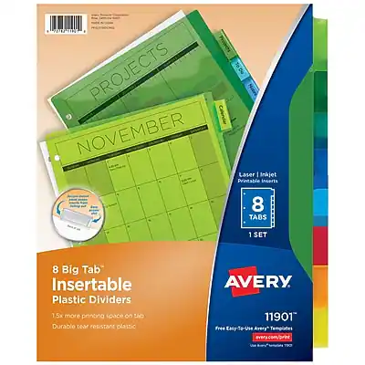 **0630N Projects**
**PROJECTS**
**NOVEMBER**
**Laser | Inkjet Printable Inserts**
**8 TABS**
**1 SET**
**8 Big Tab Insertable Plastic Dividers**
**1.5x more printing space on tab**
**Durable tear resistant plastic**
**AVERY 11901**
**Free Easy-To-Use Avery Templates**
**avery.com/templates**