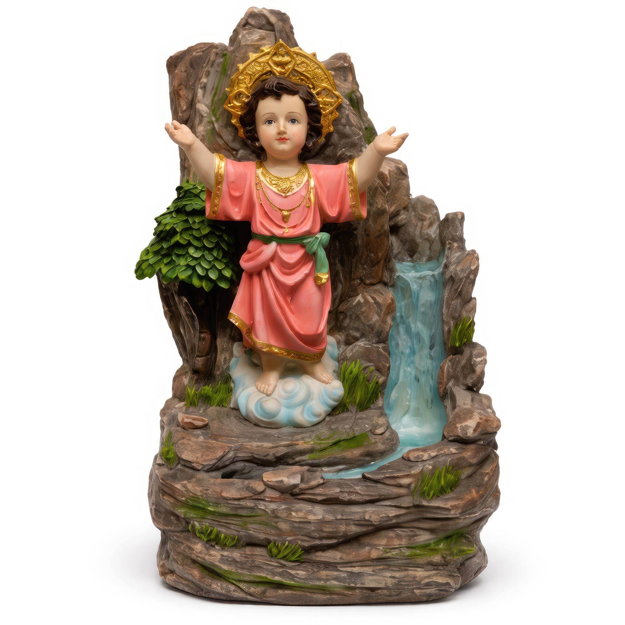 Angle. FC Design - 18"H Pink Devotional Tabletop Fountain - Child Jesus in Pink Robe with Cascading Bowls Design.