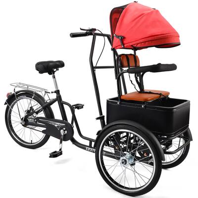 Topteng - 20 inch Adult Tricycle with Removable Sunshade - 3-Wheel Bicycle, 330lb Capacity, Front Seat and Wood Cargo Rack - Black