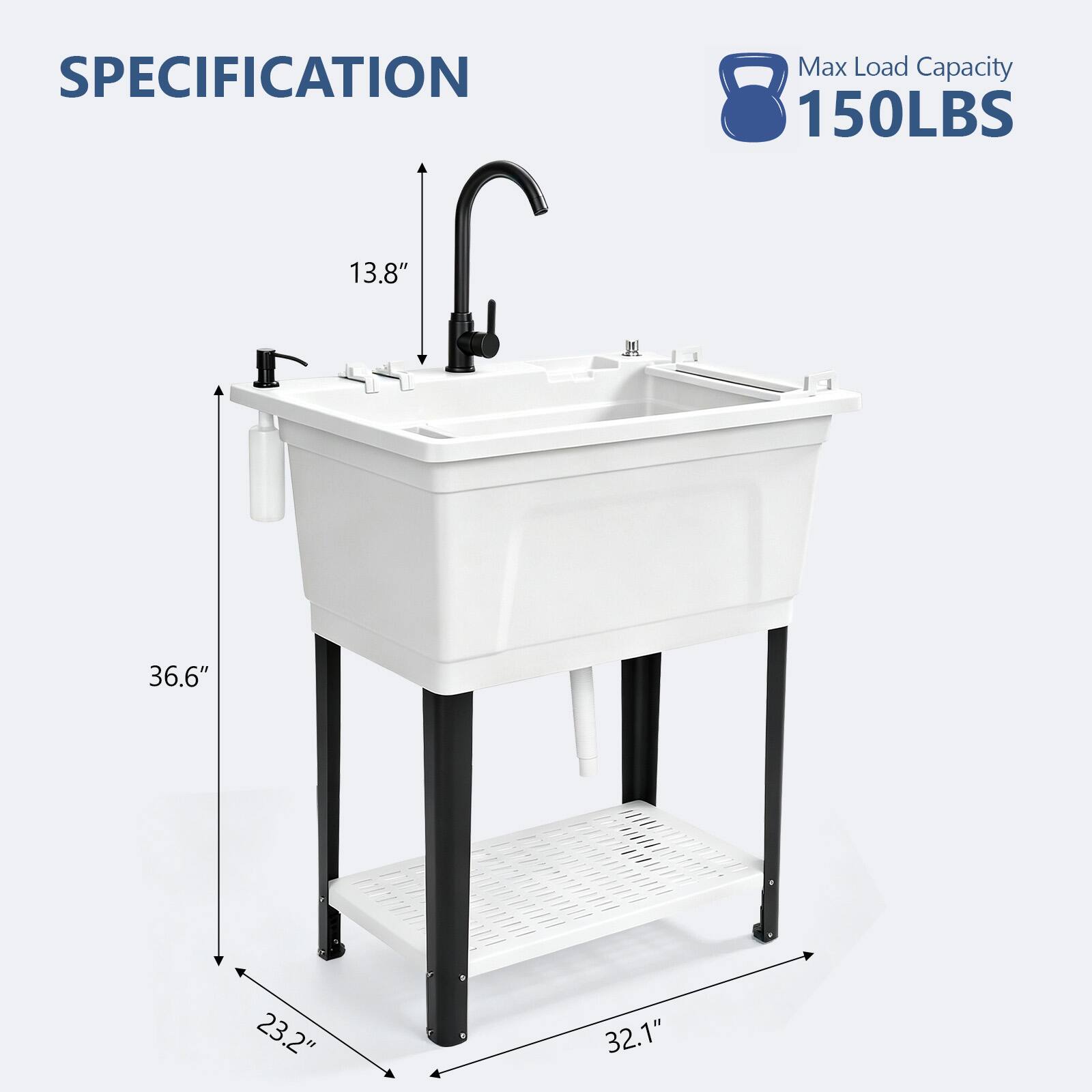 SPECIFICATION  
Max Load Capacity 150LBS  
13.8"  
36.6"  
23.2"  
32.1"
