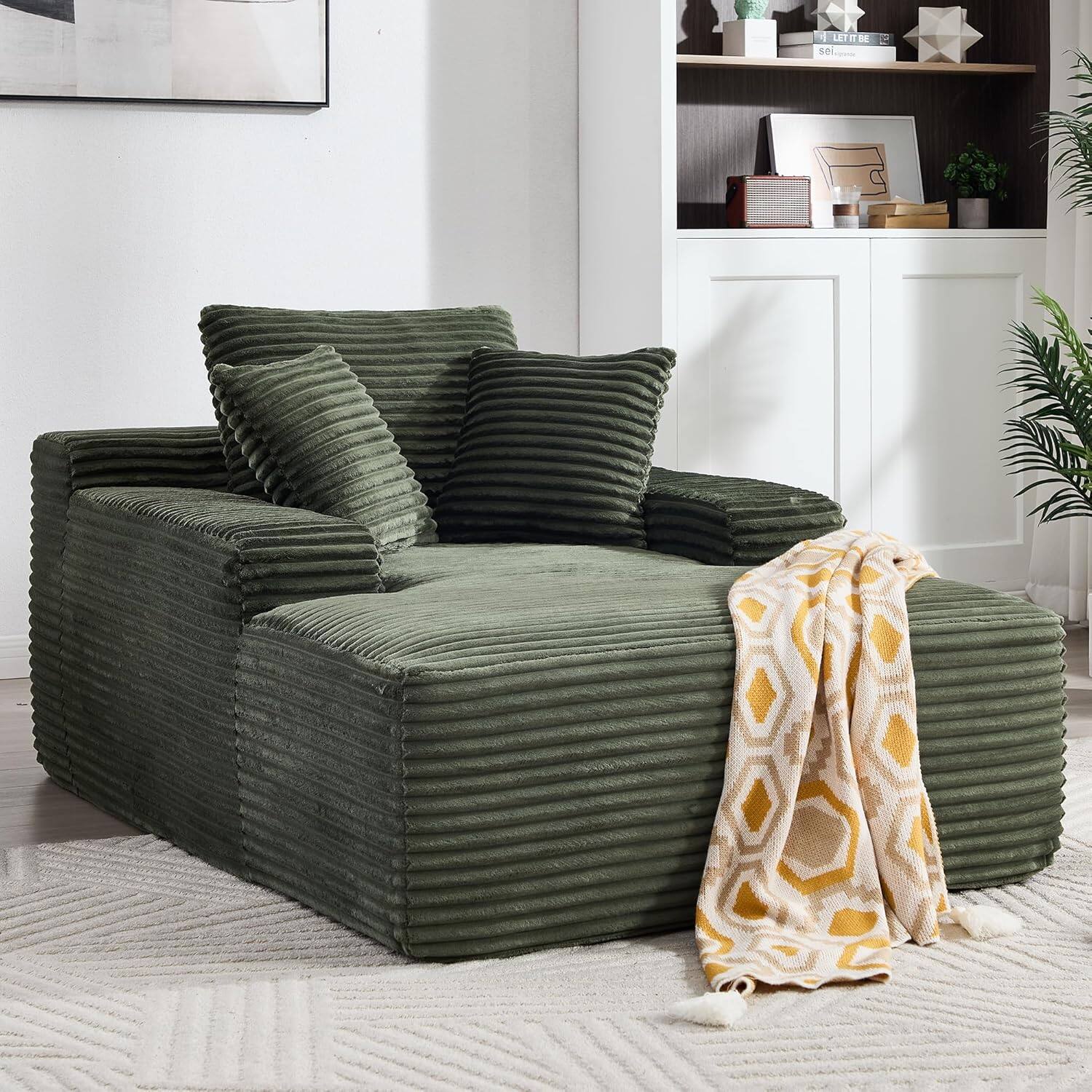 Trinkets Crazed - 67" Oversized Chaise Lounge Chair Indoor, Corduroy Cloud Couch with 3 Pillows, Deep Seat Sleeper Sofa - Green
