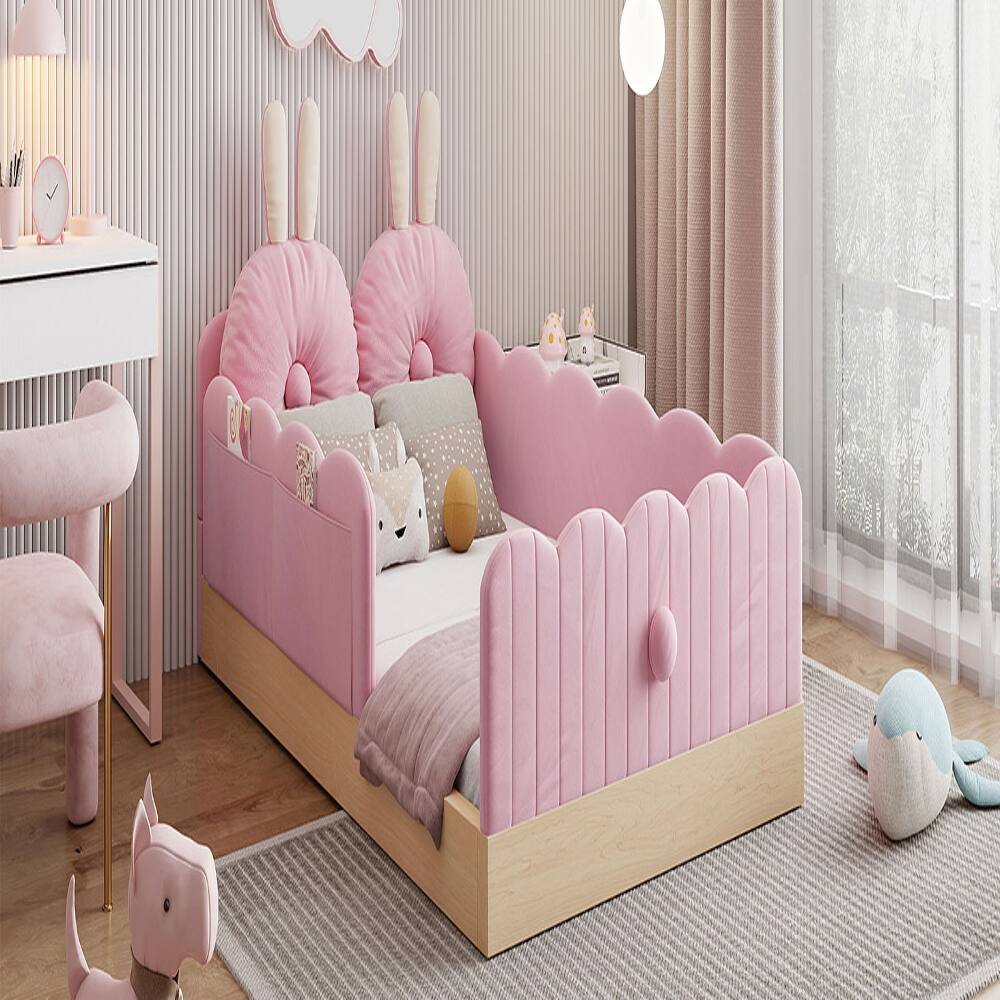 Alt View 3. Loheer - Loheer Twin Upholstered Platform Bed Pink Velvet Kids Bed - Pink.