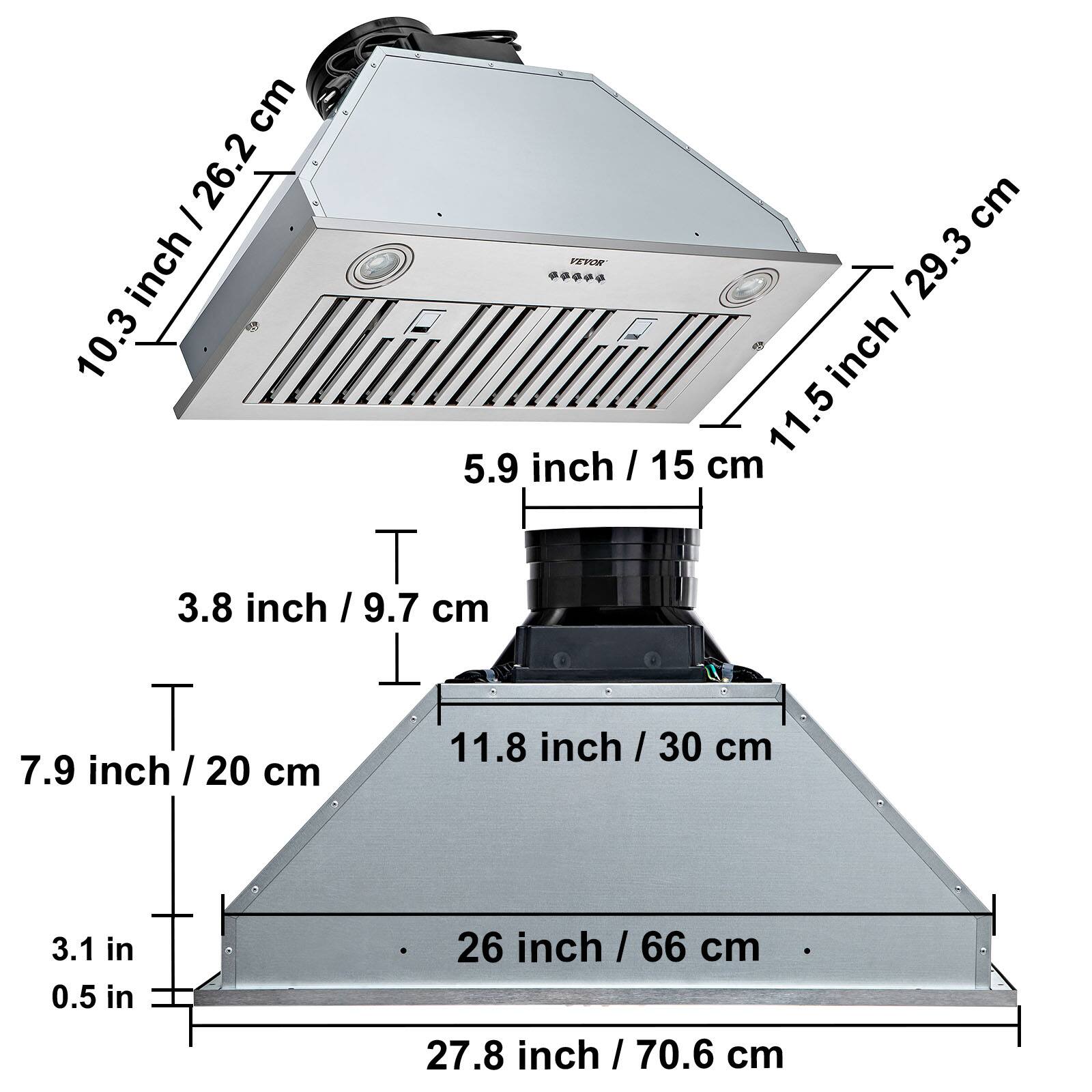 10.3 inch / 26.2 cm  
5.9 inch / 15 cm  
3.8 inch / 9.7 cm  
7.9 inch / 20 cm  
11.8 inch / 30 cm  
3.1 in / 0.5 in  
26 inch / 66 cm  
27.8 inch / 70.6 cm